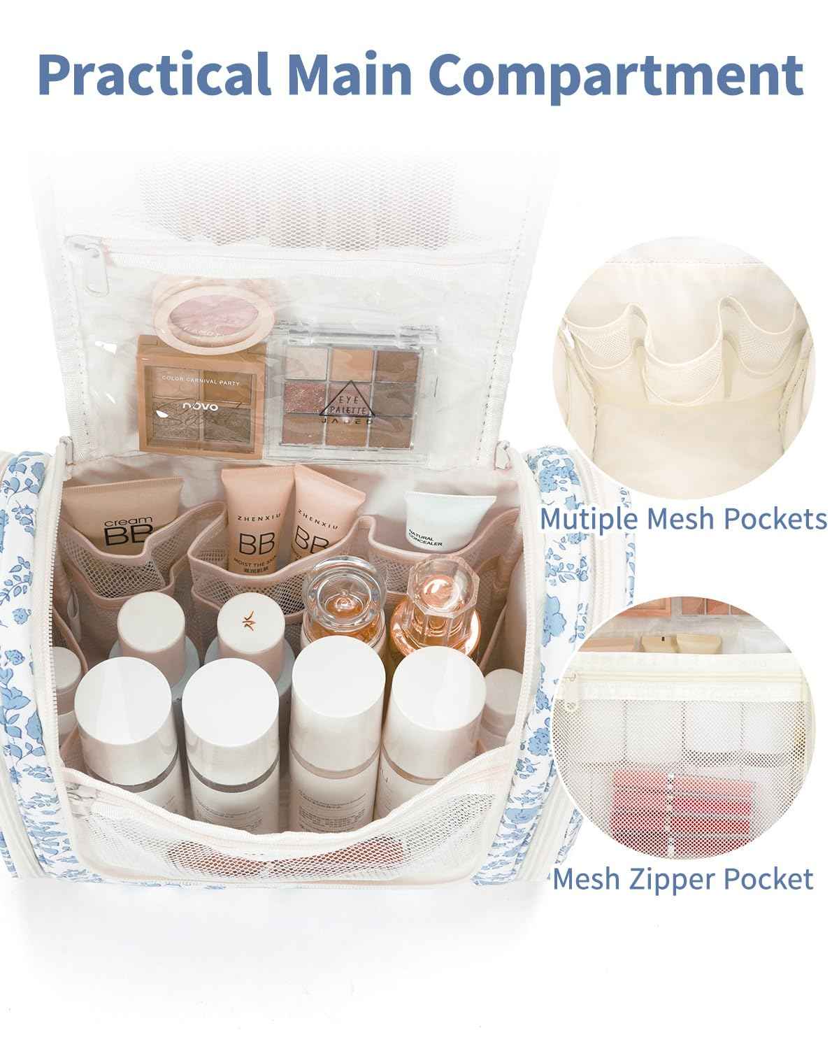 Narwey Hanging Toiletry Bag for Women Travel Makeup Bag Organizer Toiletries Bag for Cosmetics Essentials Accessories (Large, Little Blue Flower)