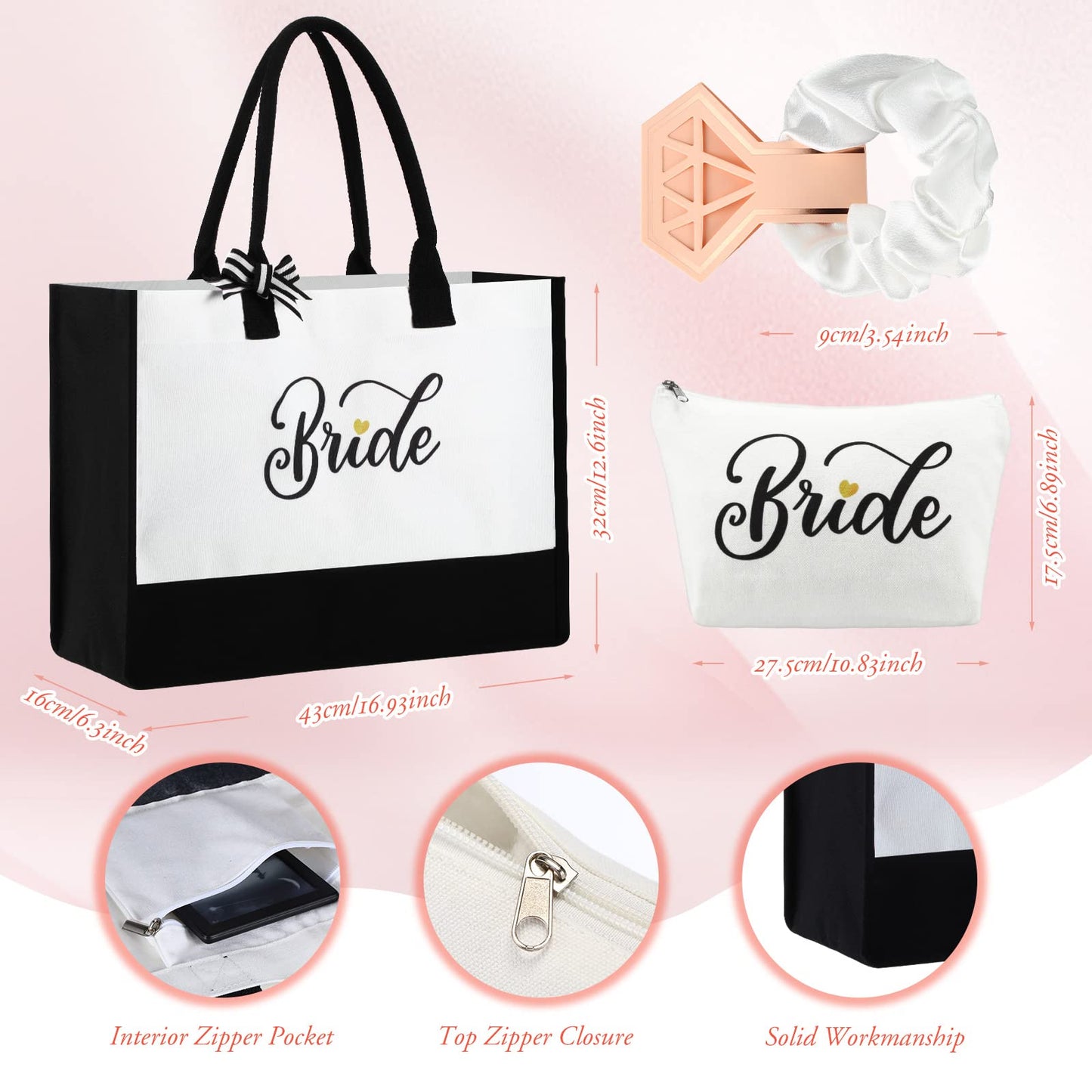 LEIFIDE Bride Tote Bag Bride Gifts Set 5 Pcs Makeup Bag Bride Stainless Tumbler Cup Bride Slippers White Hair Tie Slippers for Bridal Shower Bachelorette Party Wedding Day Gifts for Bride (Classic)