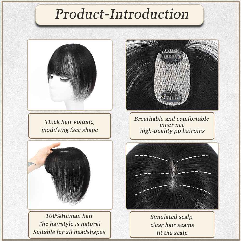 HVVZOY Hair Toppers for Women Real Human Hair, 3D Cover Clip in Bangs Realistic Scalp Line Human Hair Toppers for Women with Thinning Upgrade Basement with Bangs (1B, 3D Wispy Bangs 5x9)