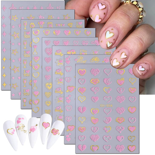 Valentine's Day Heart Nail Stickers-8 Sheets Gold Pink Nail Art Stickers 3D Self-Adhesive Nail Decals Glitter Star Love Rose Flower Nail Art Design Supplies for Acrylic Nail Decoration Stickers Women