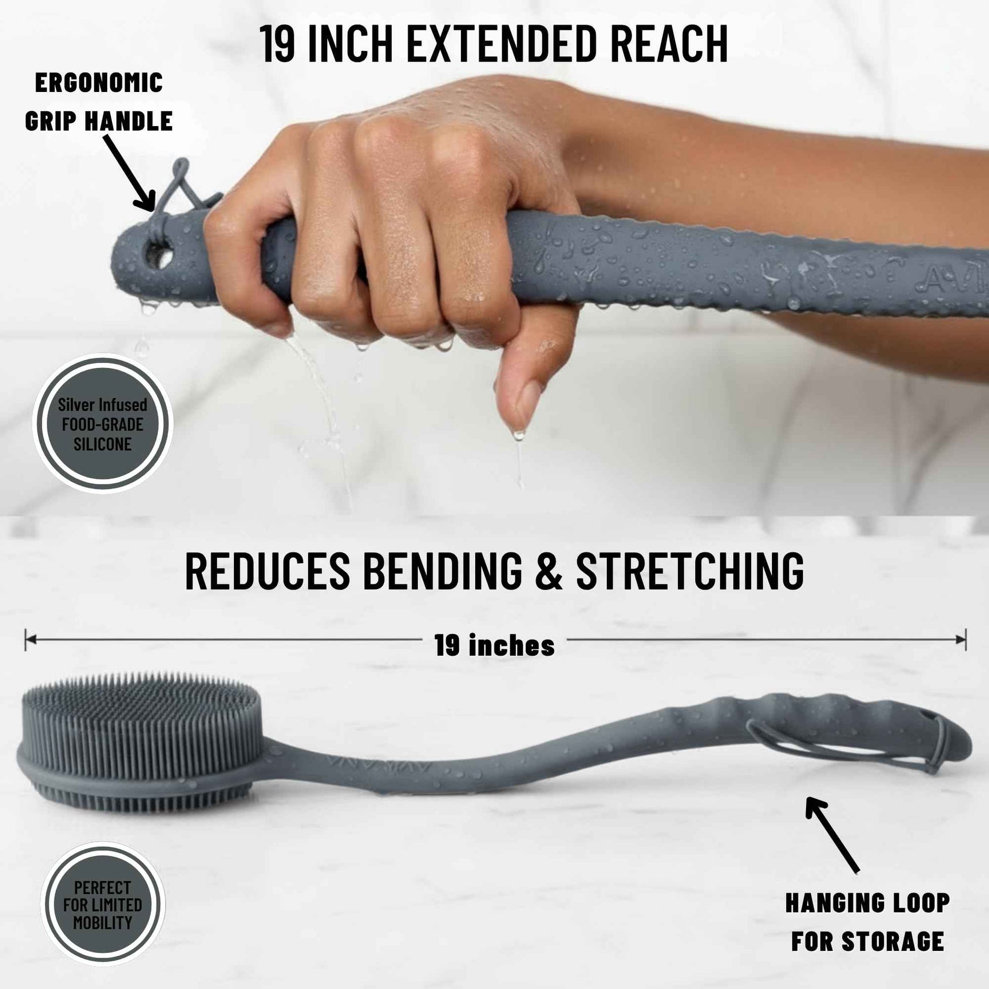 Silver Infused Long Handle Back Scrubber - 19 inch Premium Extended Reach Body Brush - Avilana Advanced Material Bath Tool Easy Grip - Luxury Body Wash Brush Gift