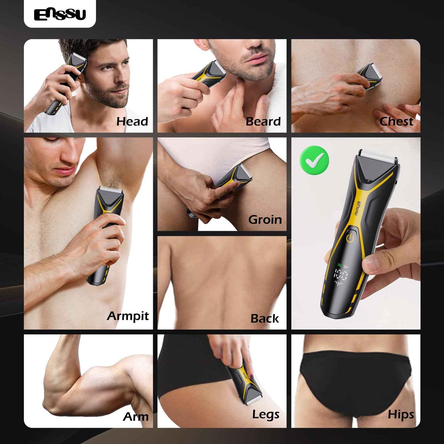 ENSSU Body Hair Trimmer for Men Manscape Trimmer for Men, Electric Ball Shavers with Ceramic Blades & BLADELOCK™, Pubic Hair Groomer IPX7 Waterproof Wet or Dry Use for Groin/Legs/Chest