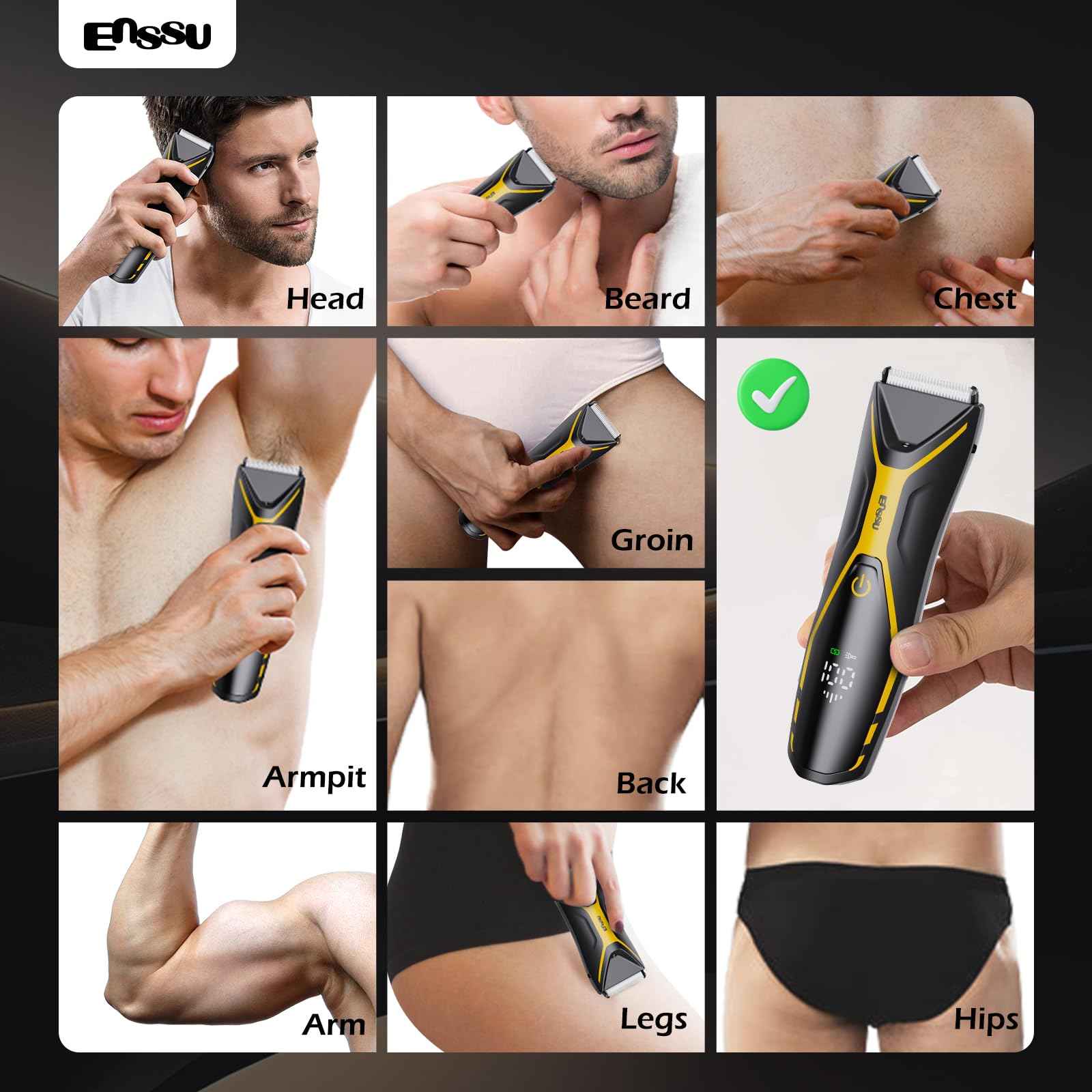 ENSSU Body Hair Trimmer for Men Manscape Trimmer for Men, Electric Ball Shavers with Ceramic Blades & BLADELOCK™, Pubic Hair Groomer IPX7 Waterproof Wet or Dry Use for Groin/Legs/Chest
