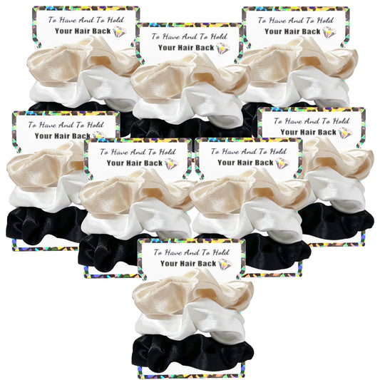 Banugo Satin Scrunchies and Hair Ties for Women - 24Pcs Gift Set for Bridesmaids, Bachelorette Party Favors (Beige, Black, White)