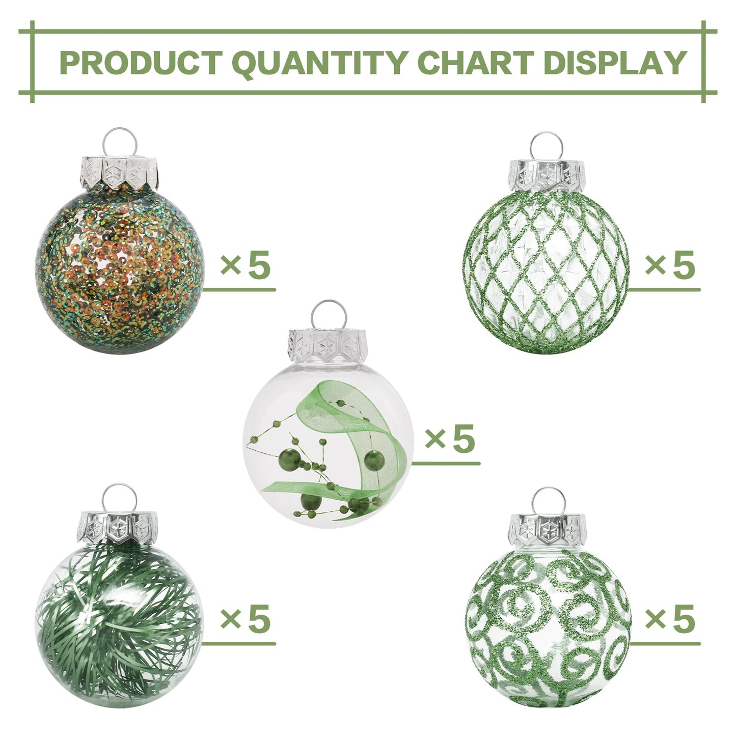 60MM/2.36" Clear Christmas Ornaments Set, 25PCS Shatterproof Decorative Hanging Ball Ornament with Stuffed Delicate Decorations, Xmas Tree Balls for Holiday Party - Green.