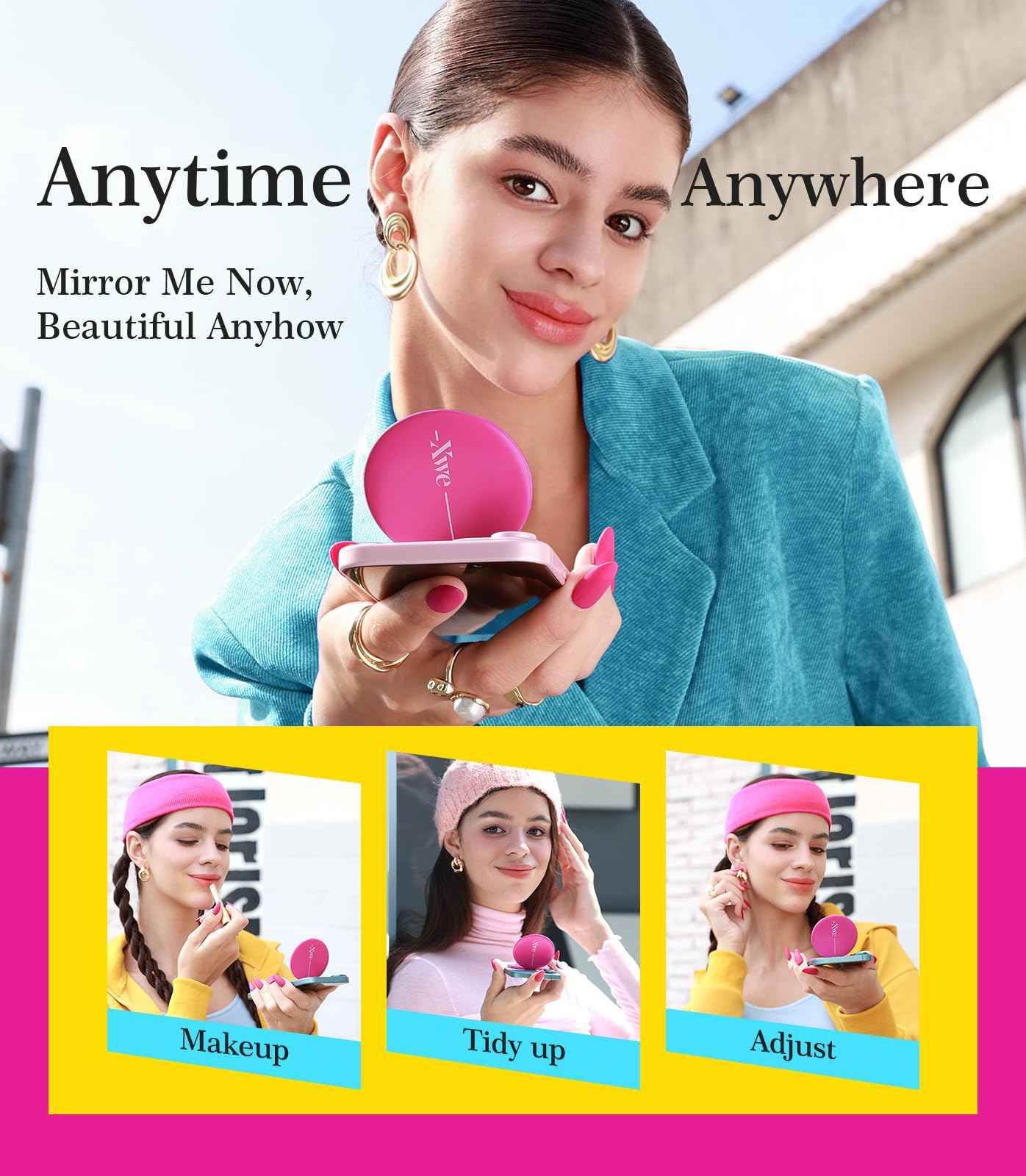 XWE Cell Phone Stand Compatible with Magsafe Mirror Mount [Anti-Scratch & Portable] Girls Women Magnetic Travel Makeup Mirror Desk Fits for iPhone 16/15/14/13/12 Plus Pro Max (Fuchsia)