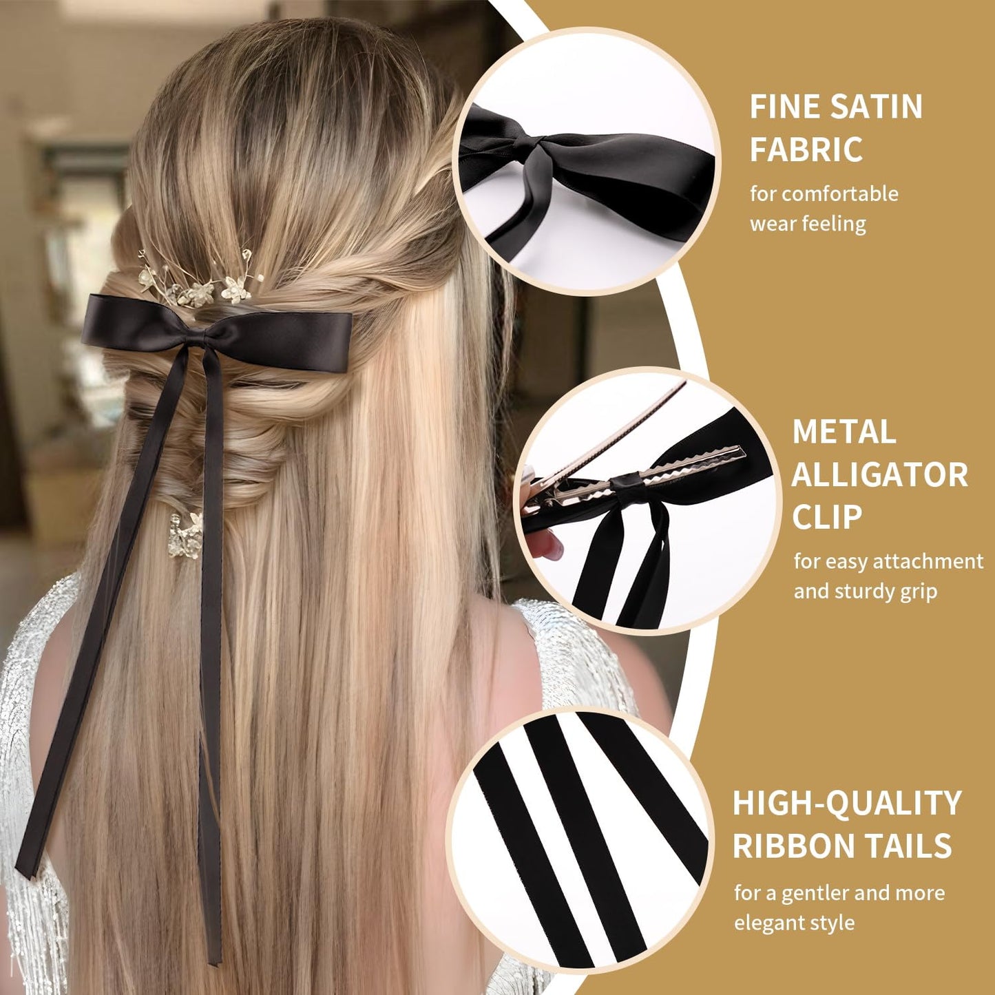 4PCS Hair Bows Hair Clips For Women,Satin Tassel Ribbon Hair Bow With Long Tails Metal Barrette For Thick Thin Hair Accessories Design, Ponytail Holder (Black & Beige)