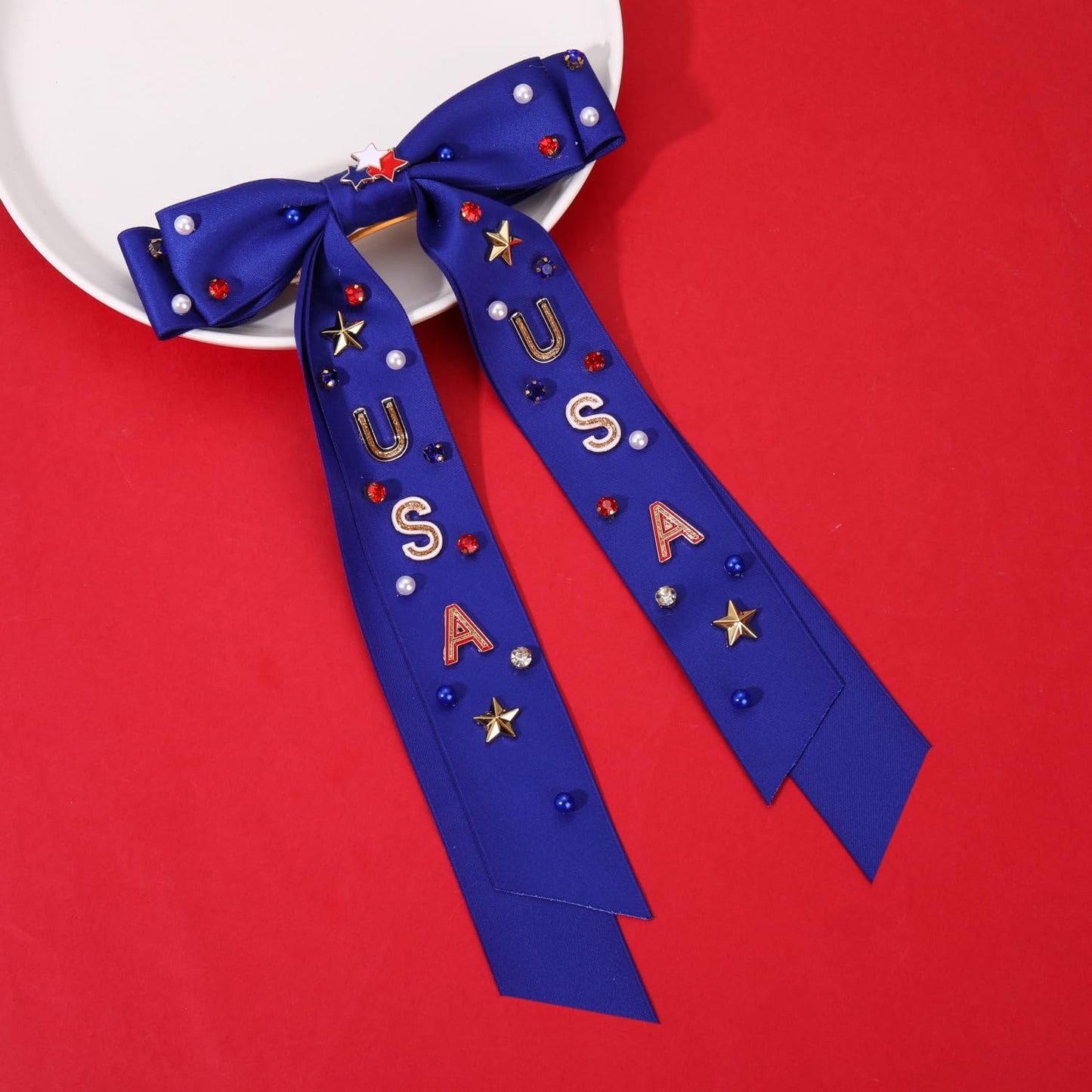 Boderier 4th of July Hair Bows for Women USA Stars Hair Bow Clips Jeweled Patriotic Ribbon Hair Clips Independence Day Hair Accessories Fourth of July Party Favors USA Star Blue