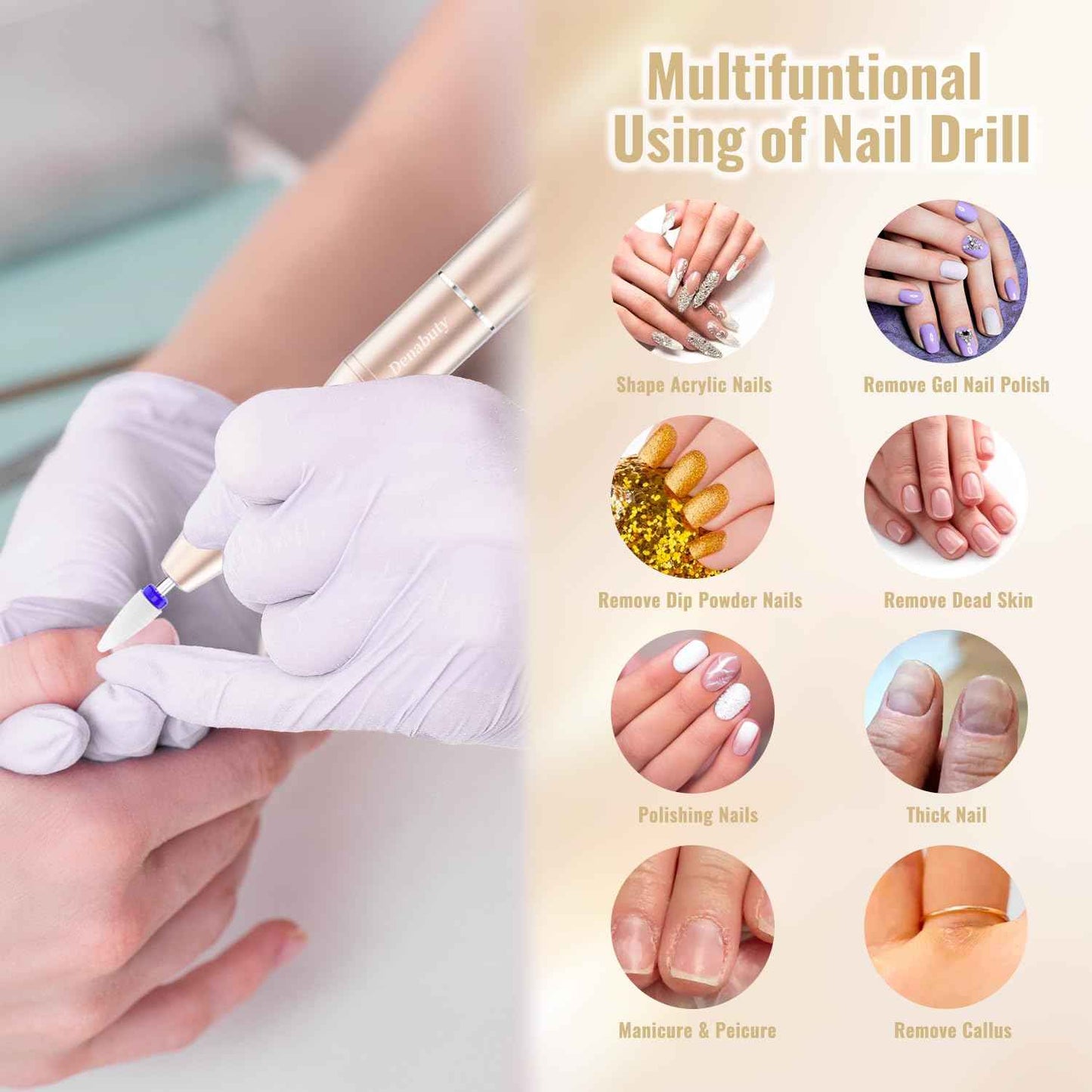 Denabuty Electric Nail Drill Cordless, 35000RPM Portable Electric Nail File with LCD Display and 12 Nail Drill Bits for Acrylic & Gel Nails, Professional Manicure & Pedicure Kit Set Golden