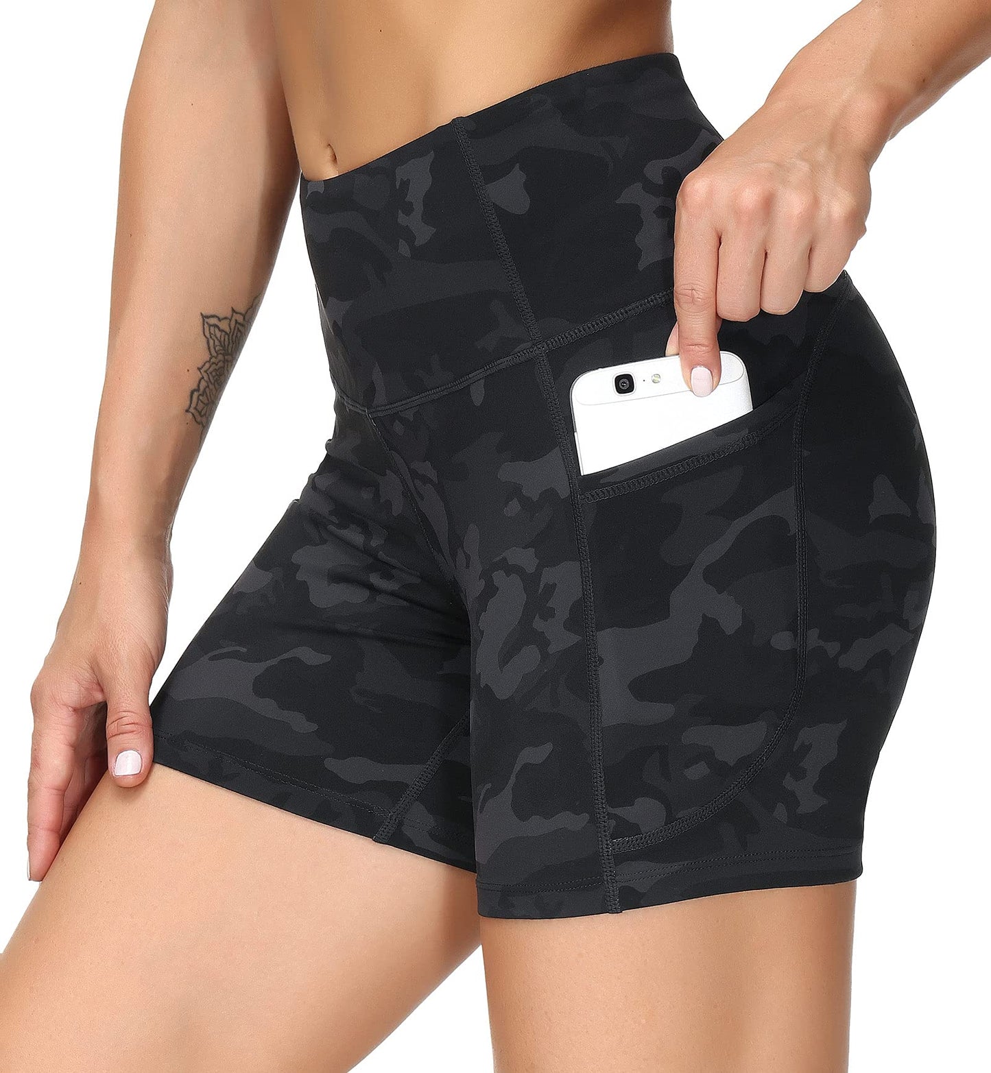 THE GYM PEOPLE High Waist Yoga Shorts for Women Tummy Control Fitness Athletic Workout Running Shorts with Deep Pockets (Small, Black Camo)