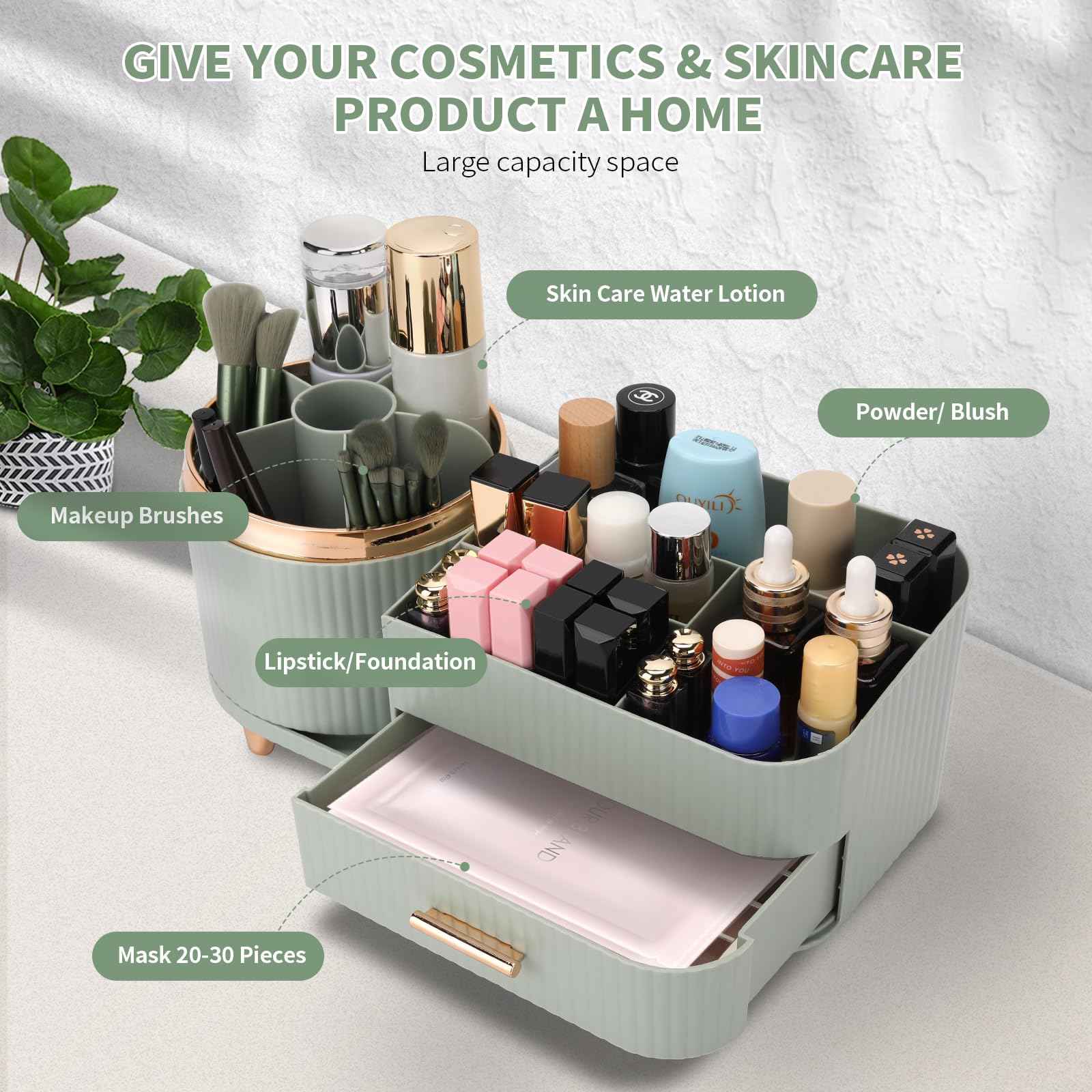 Beborxue 360° Rotating Makeup Organizer for Vanity with Drawers, Large Capacity Cosmetic Display Case, skincare organizer, Cosmetic Organizer for Lipstick, Skincare, Brushes, Eyeshadow, (Green)