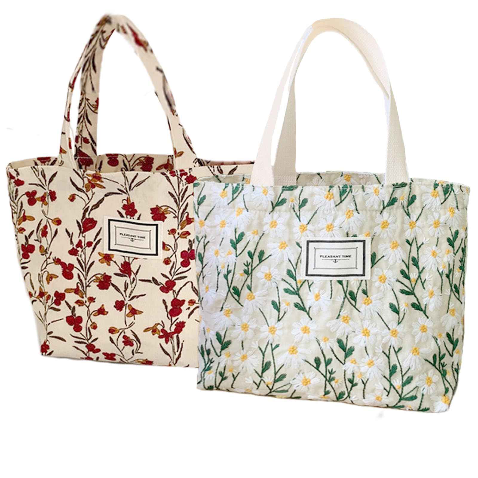 Kovewon 2PCS Small Tote Bag for Women Mini Canvas Embroidered Daisy Book Tote Bag Cute Corduroy Aesthetic Floral Reusable Bags for Grocery, Essentials, Water Bottle, Keys, Book, Bible