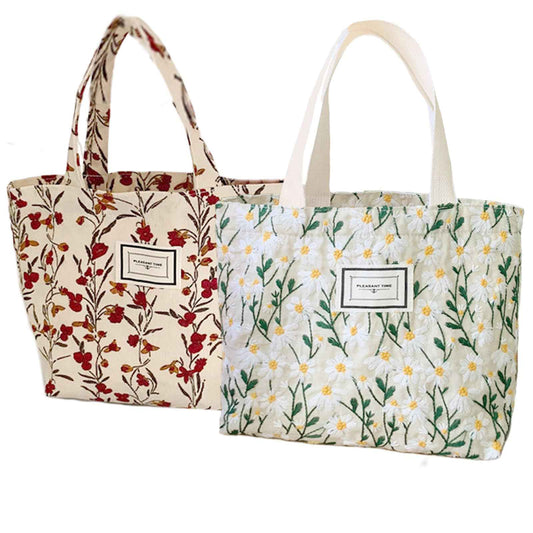 Kovewon 2PCS Small Tote Bag for Women Mini Canvas Embroidered Daisy Book Tote Bag Cute Corduroy Aesthetic Floral Reusable Bags for Grocery, Essentials, Water Bottle, Keys, Book, Bible