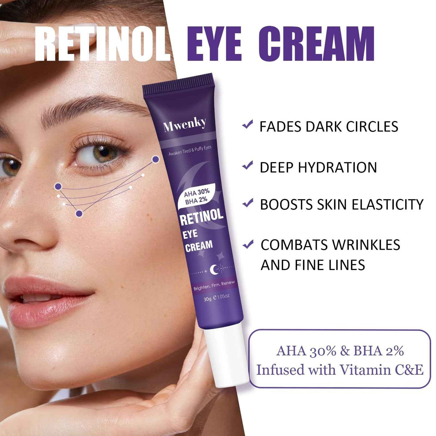 Retinol Eye Cream, Infused with Vitamin C&E to Smooth and Hydrate Skin, Cream for Dark Circles Treatments, Reduce Under, Smooth Wrinkles, Eye Bags, Puffiness