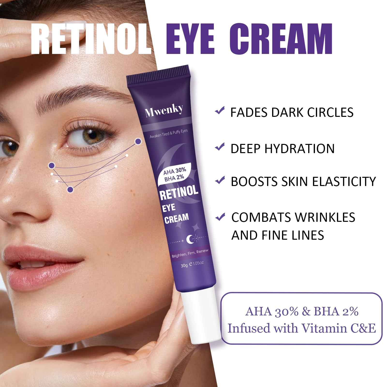 Retinol Eye Cream, Infused with Vitamin C&E to Smooth and Hydrate Skin, Cream for Dark Circles Treatments, Reduce Under, Smooth Wrinkles, Eye Bags, Puffiness