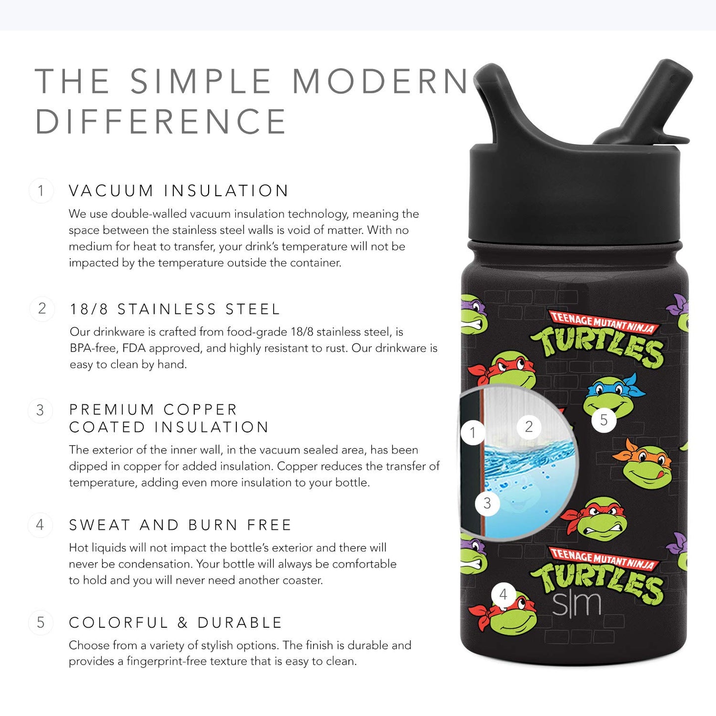 Simple Modern Teenage Mutant Ninja Turtles Kids Water Bottle with Straw Insulated Stainless Steel Toddler Cup for Boys, School | Summit Collection | 14oz, TMNT Turtles Unite