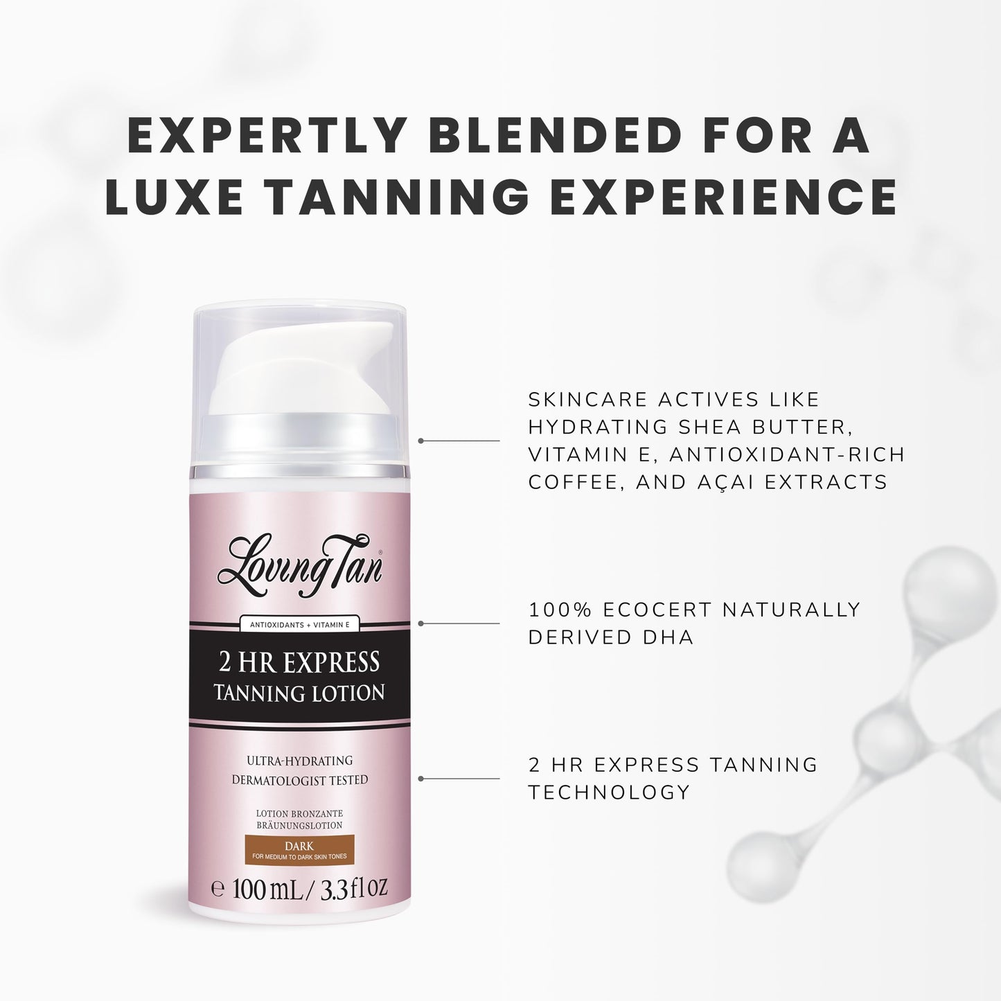 Loving Tan NEW 2 Hr Express Self Tanning Body Lotion, Dark - Hydrating Natural-Looking Glow Sunless Self Tanner, Streak-Free, Dermatologist Tested, Lightweight, Vegan and Cruelty-Free - 3.3 fl oz