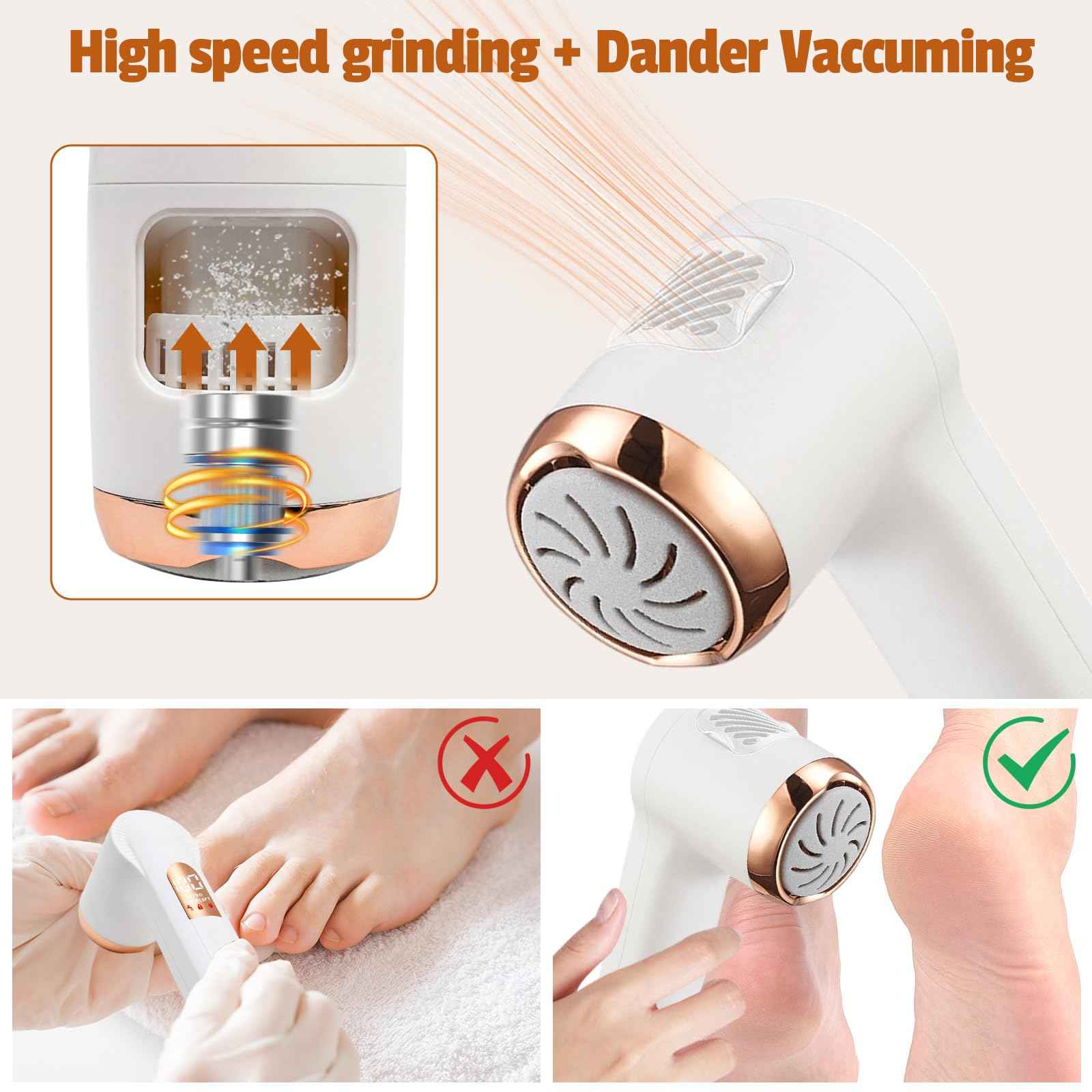 Meyluth Electric Foot Scrubber File Callus Remover with Absorb Function, Waterproof Foot Grinder Cracked Dry Dead Skin Removal for Feet Care, 3 Rollers, 2 Speed, Battery Display