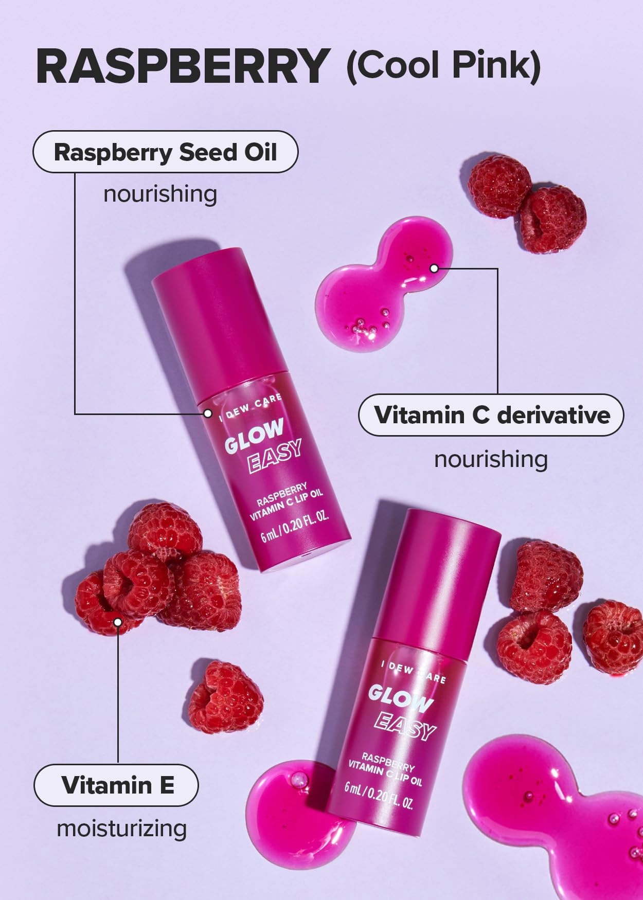 I DEW CARE Lip Oil - Glow Easy Raspberry | Vitamin C Lip Oil, Pigmented Glossy Lip Oil, Nourishing, Korean Makeup, Tinted Lip Care, Cool Pink, Glass Skin Look, Korean Skincare, 0.20 Fl Oz