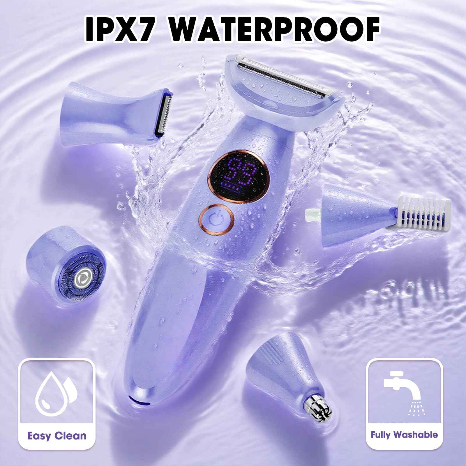 5 in 1 Bikini Trimmer for Women,IPX7 Waterproof Cordless Replaceable Pubic,Eyebrow,Facial Electric Razors&Nose Hair Trimmer&Painless Body Shaver for Arms Legs Underarms,USB Charge,LED Display,Wet&Dry