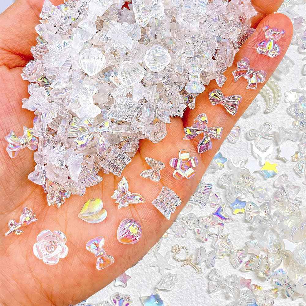 100pcs Mix Shapes Aurora Nail Art Charms - Camellia Bow, Resin Flower, Butterfly, Kawaii Bear, Moon, Heart Nail Charms