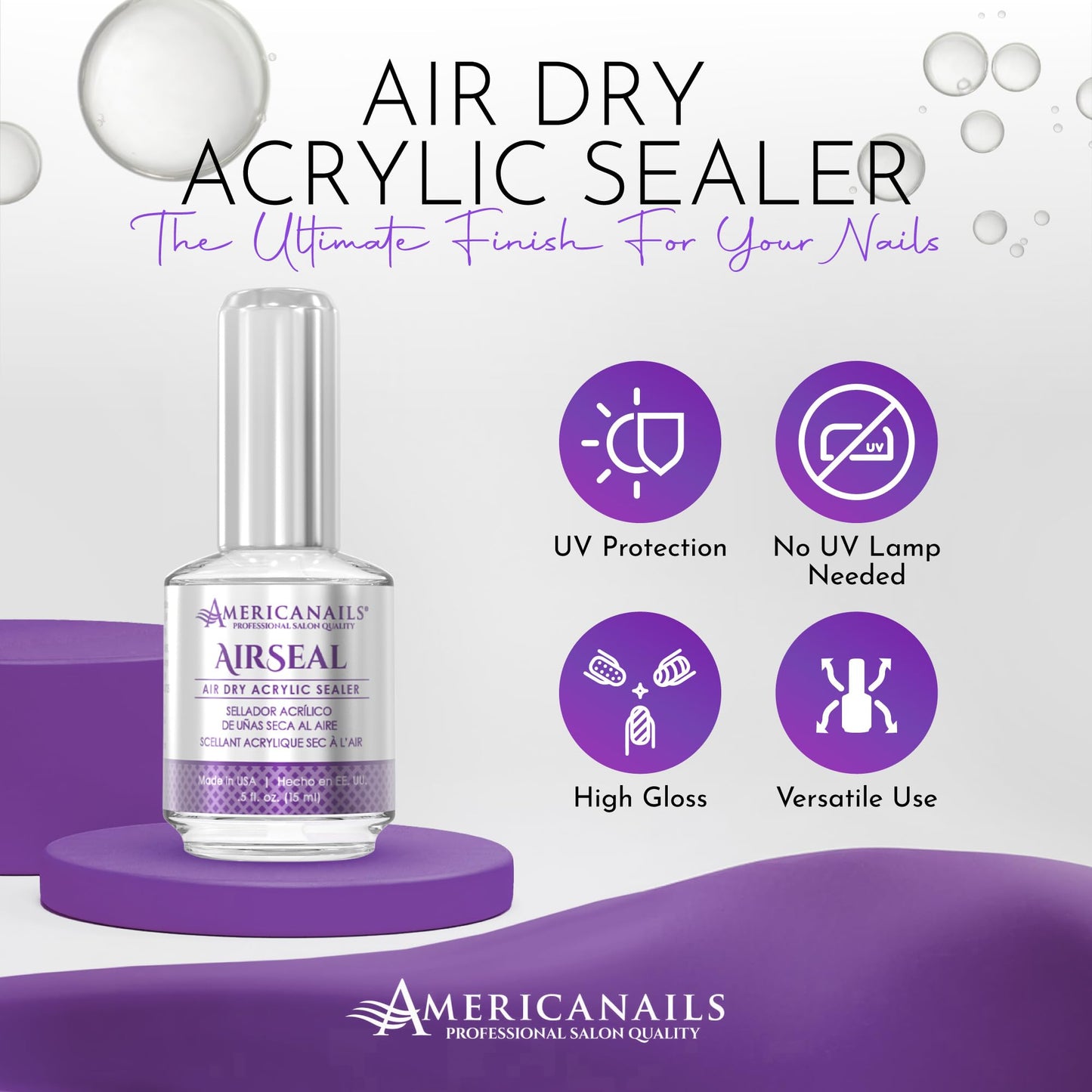 Americanails AirSeal Air Dry Acrylic Sealer - Rapid-Drying, Glass-Like Finish on Acrylic, Dip, Gel Nails, & Wraps, UV Protection, Ultra Glossy, Flawless, Lasting Shine, Easy Application, .5oz