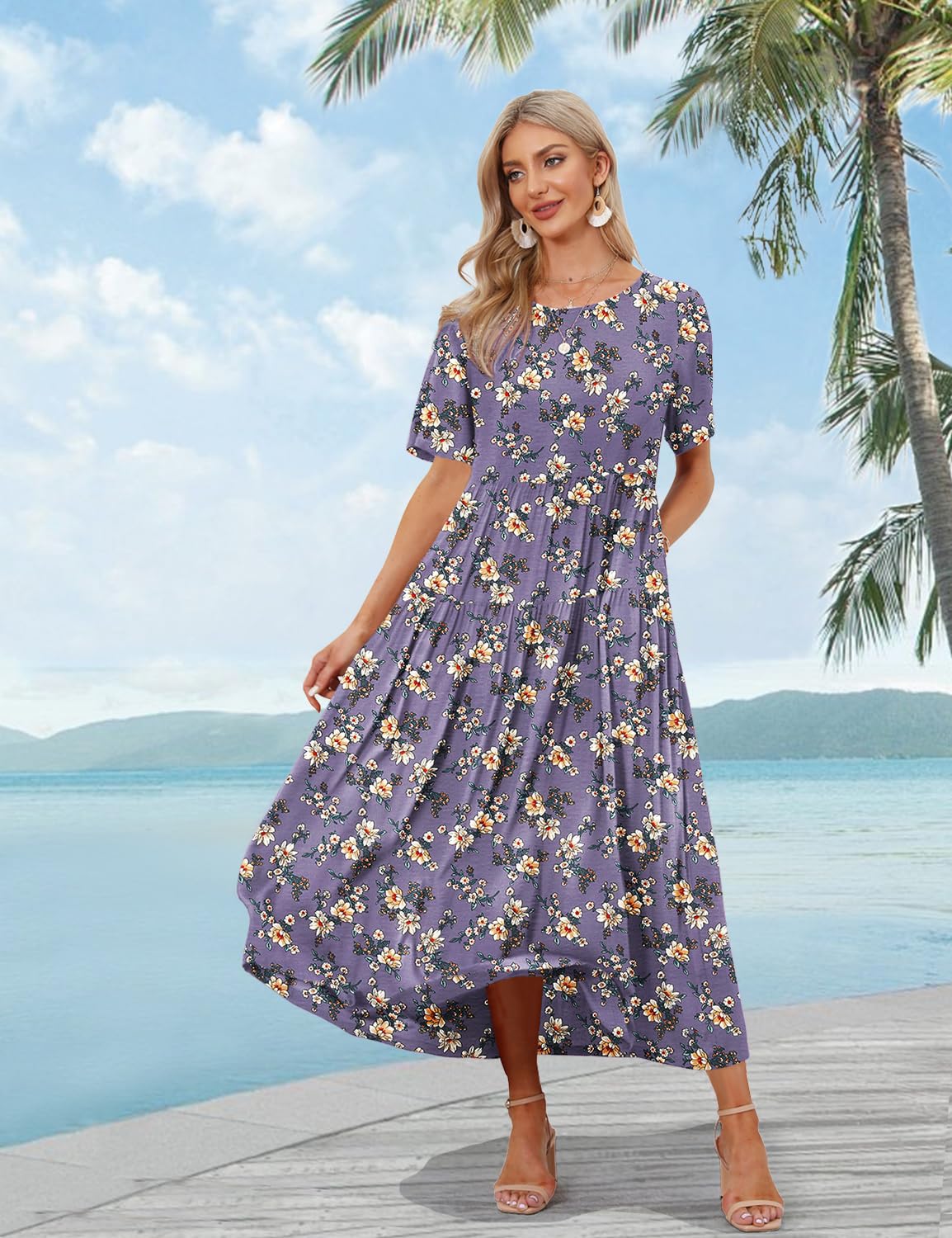 YESNO Women Casual Loose Bohemian Floral Dress with Pockets Short Sleeve Long Maxi Summer Beach Swing Dress XS EJF CR08 Purple