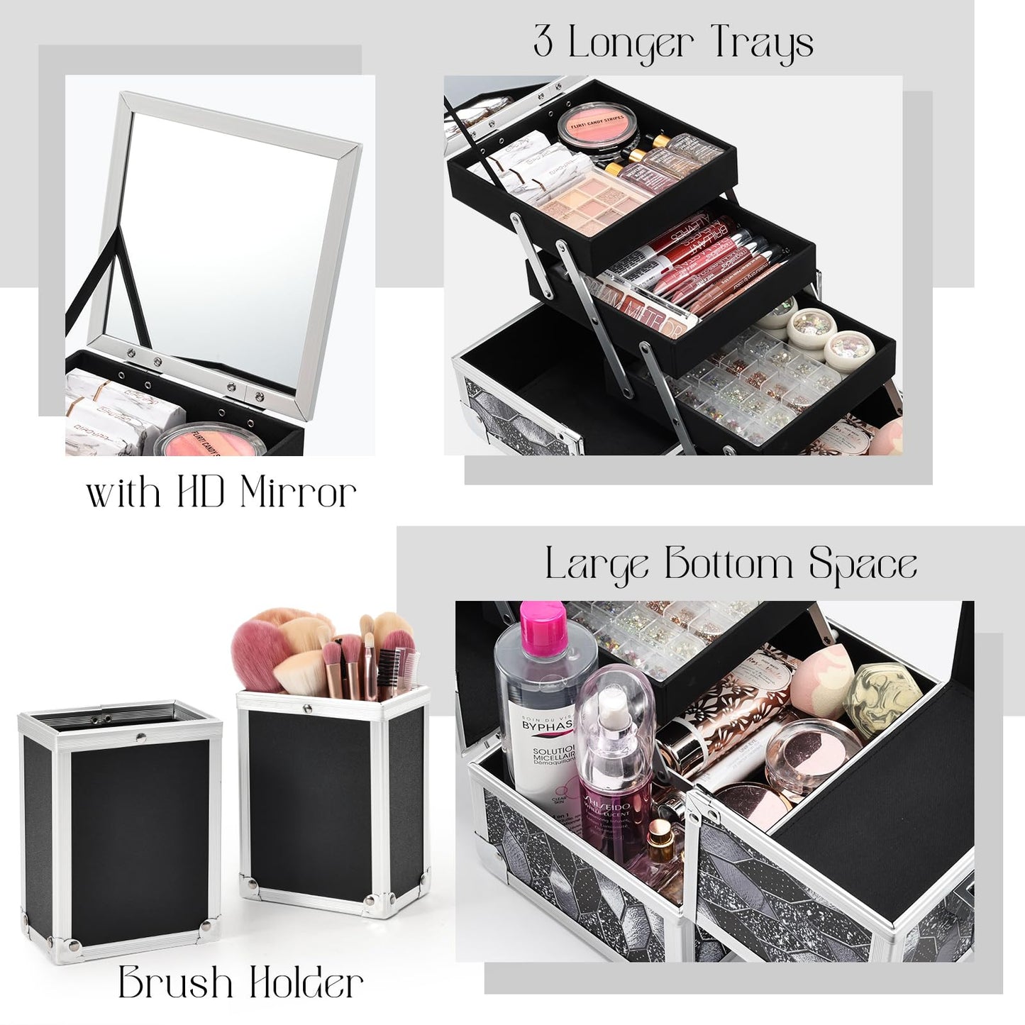 Joligrace Makeup Box 10 Inch Cosmetic Train Case for Women Travel Jewelry Organizer with Compartments & Mirror Portable Lockable Make-up Organizer Box - Mosaic Tiles Print