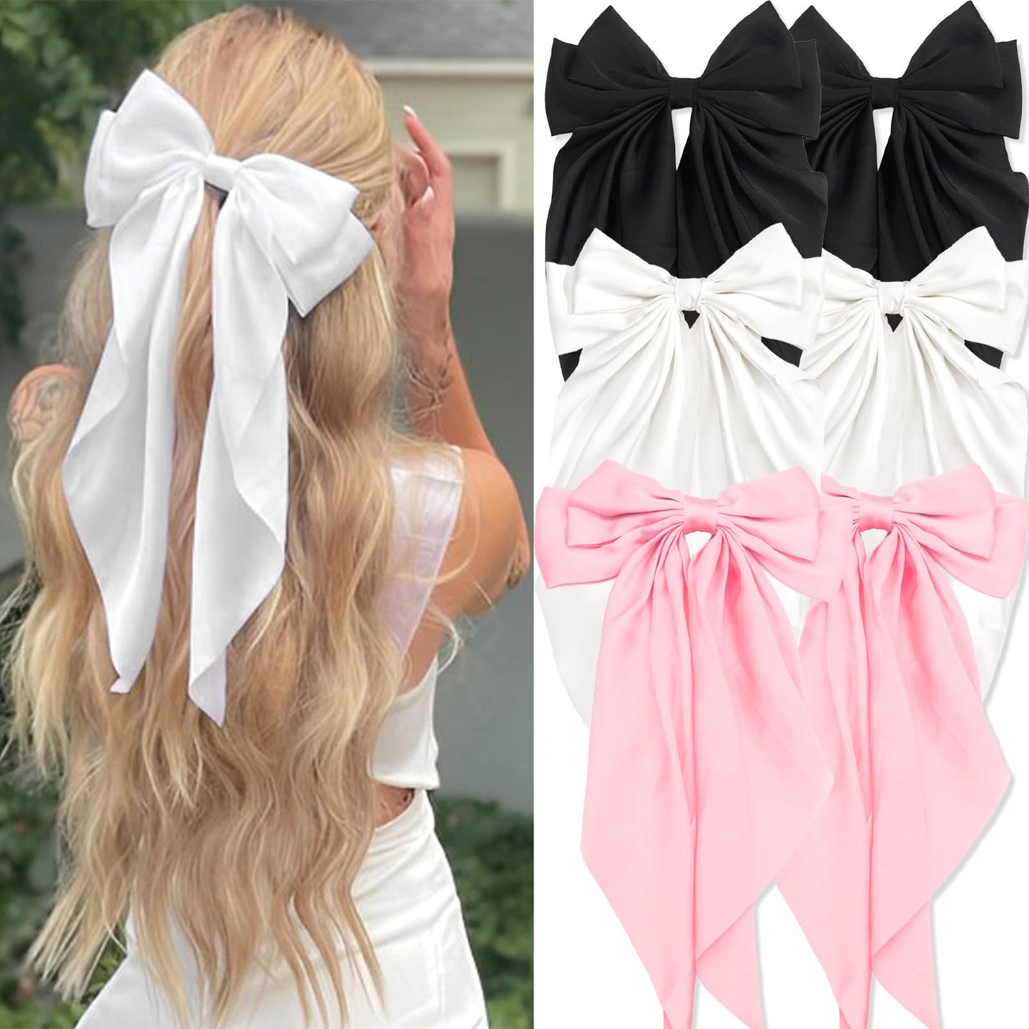 FULZTEY Silky Satin Hair Clips with Layered Bowknot and Long Tail Ribbons - Pink Hair Styling Accessories for Women and Girls, Pack of 6