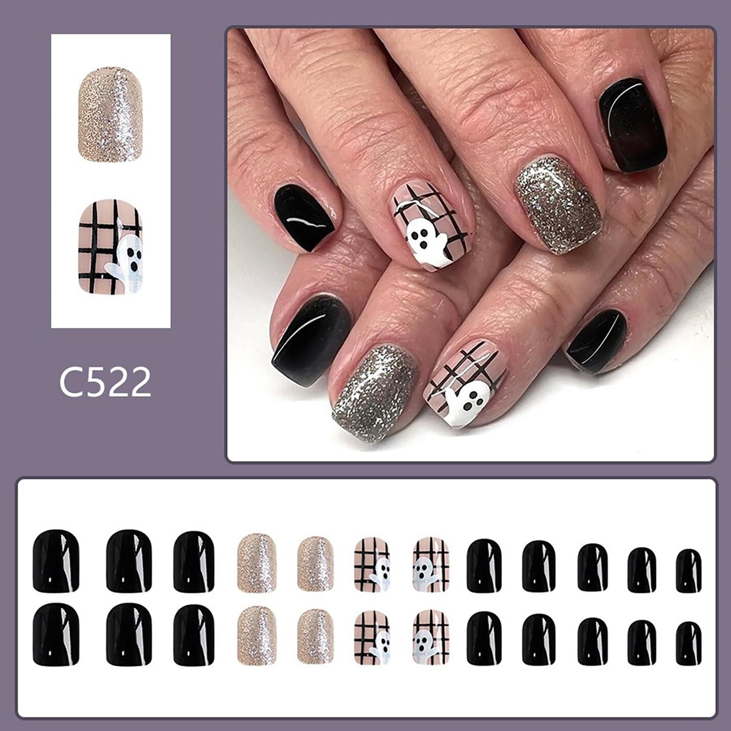 Halloween Fake Nails Short Square Shaped Press on Nails Black Glitter Glossy False Nails Little Ghost Designs Halloween Nails Full Cover Artificial Nails Glue on Nails for Women Girls 24Pcs