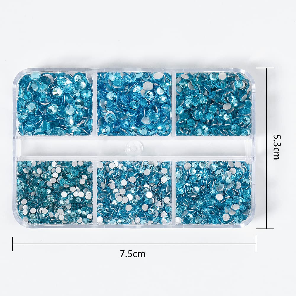 6Grids 3000Pcs Clear Flatback Rhinestones , Lake Blue Nail Gems Crystals Jewels, Craft Glass Diamonds Stones Bling Rhinestone with Tweezers and Picking Pen For Nail Face Makeup(1.8mm~4mm Crystal)