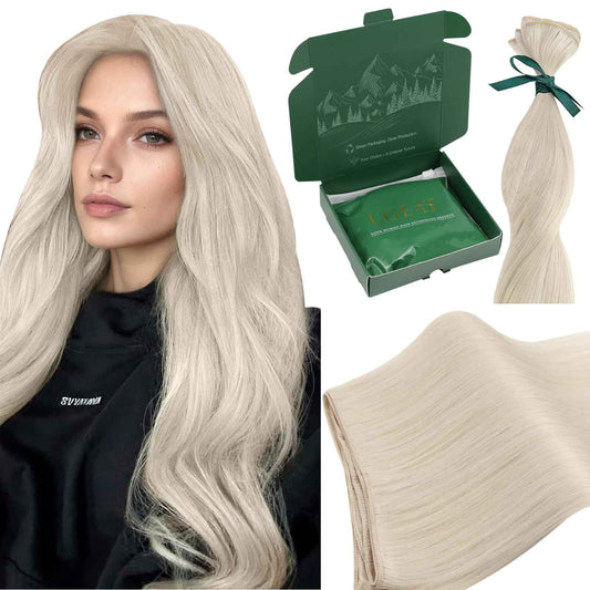 Ugeat Platinum Blonde Sew in Hair Extensions Blonde Weft Hair Extensions Real Human Hair Sew in Extensions for Women Remy Invisible Double Weft Short Length 14 Inch 80G