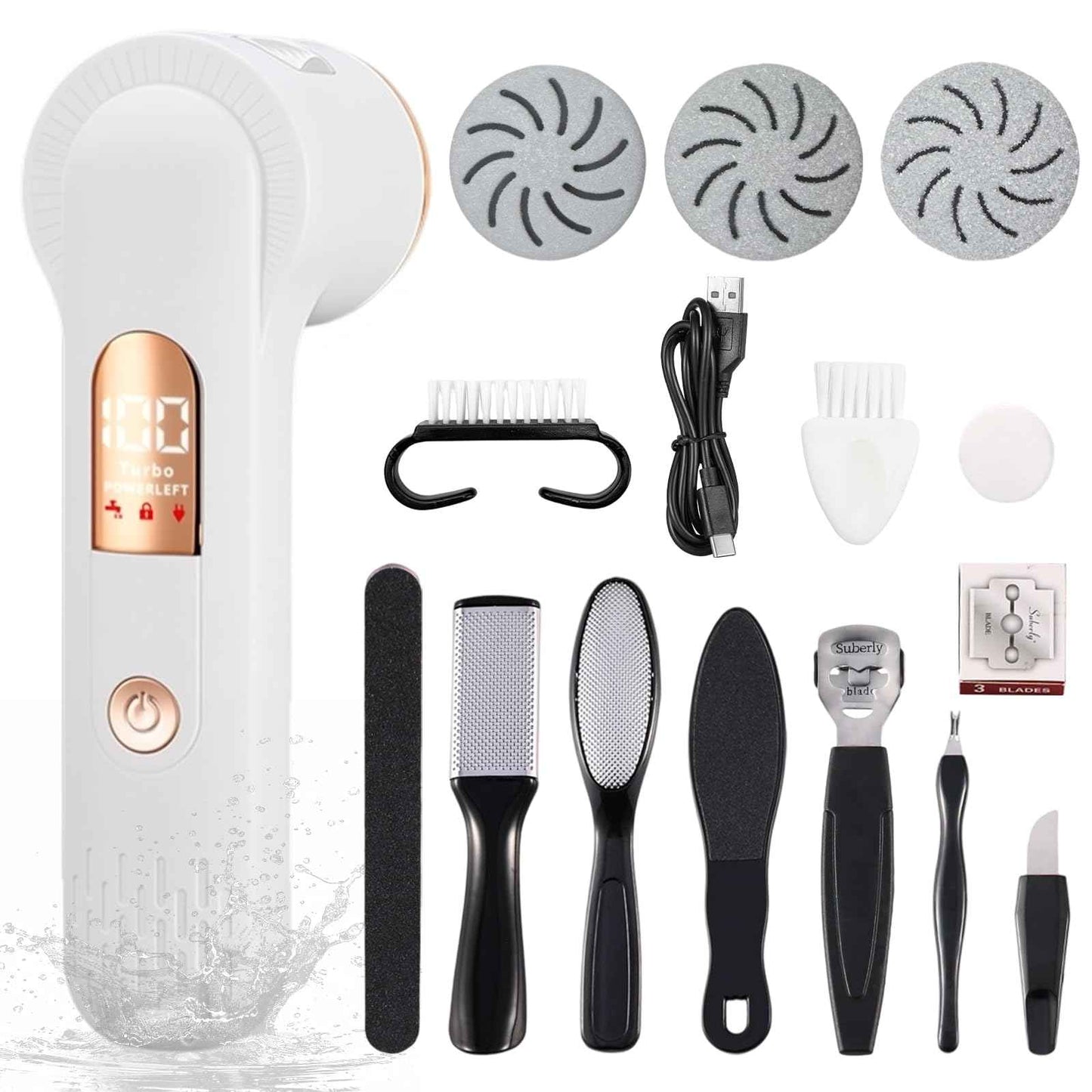 Meyluth Electric Foot Scrubber File Callus Remover with Absorb Function, Waterproof Foot Grinder Cracked Dry Dead Skin Removal for Feet Care, 3 Rollers, 2 Speed, Battery Display