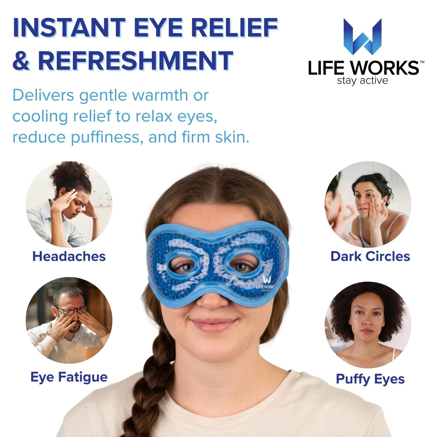 LIFE WORKS Gel Eye Mask with Cutout, Hot or Cold Therapy for Puffy Eyes, Dark Circles, Headaches, and Migraines, Soft Gel Beads and Liquid Filling for Cooling or Warming Comfort