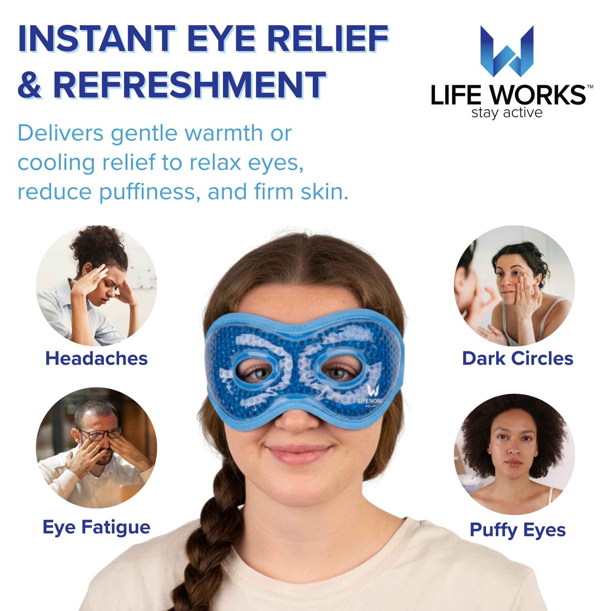 LIFE WORKS Gel Eye Mask with Cutout, Hot or Cold Therapy for Puffy Eyes, Dark Circles, Headaches, and Migraines, Soft Gel Beads and Liquid Filling for Cooling or Warming Comfort
