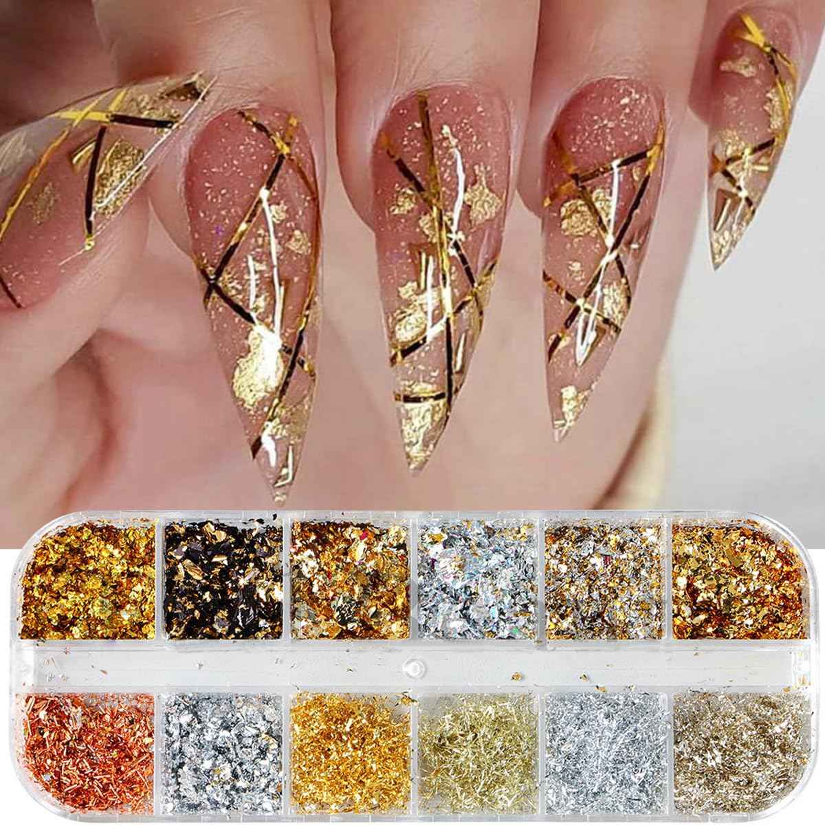 Holographic Nail Glitter Gold Foils for Women Kit -Sparkly Ultra-Thin Aluminum Foil Flake Nail Supplies Irregular Foil Glitter Flakes Design Powder Nail Glitters Sequins DIY Manicure Tip Charms Decor