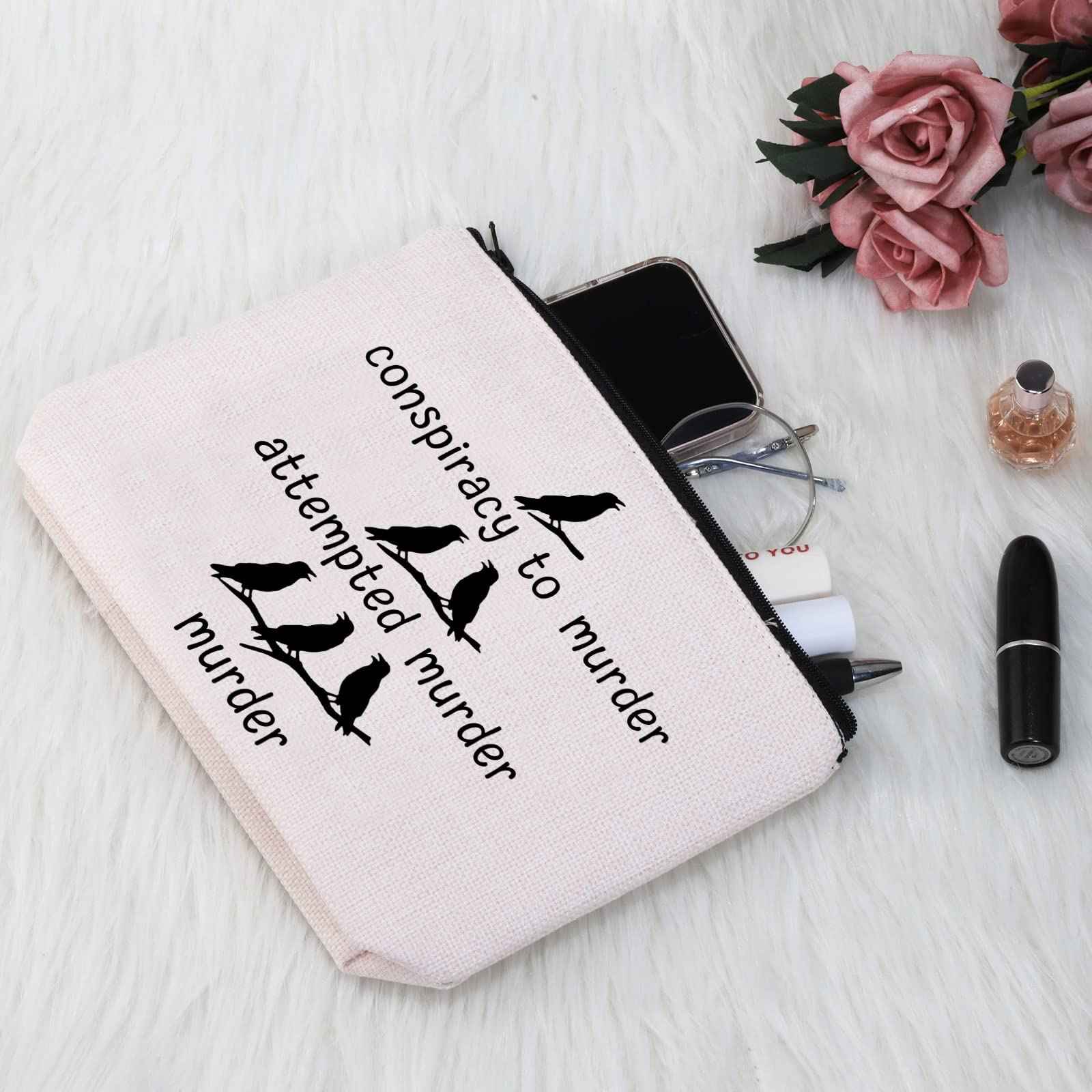 G2TUP Crow Lover Gift Conspiracy To Murder Makeup Bag Black Crow Cosmetic Bag Bird Lover Gift Bird Watching Gift True Crime Zipper Travel Bag (Conspiracy To Murder White Bag)