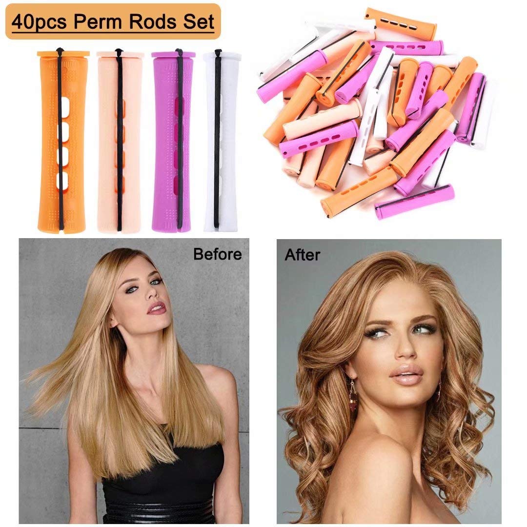 40pcs Perm Rod Set - 4 Sizes Cold Wave Rollers for Long, Medium & Short Hair Curls - Hair Curling Tools with Orange, Beige, Purple & White Rods for Natural Hair Styling & DIY