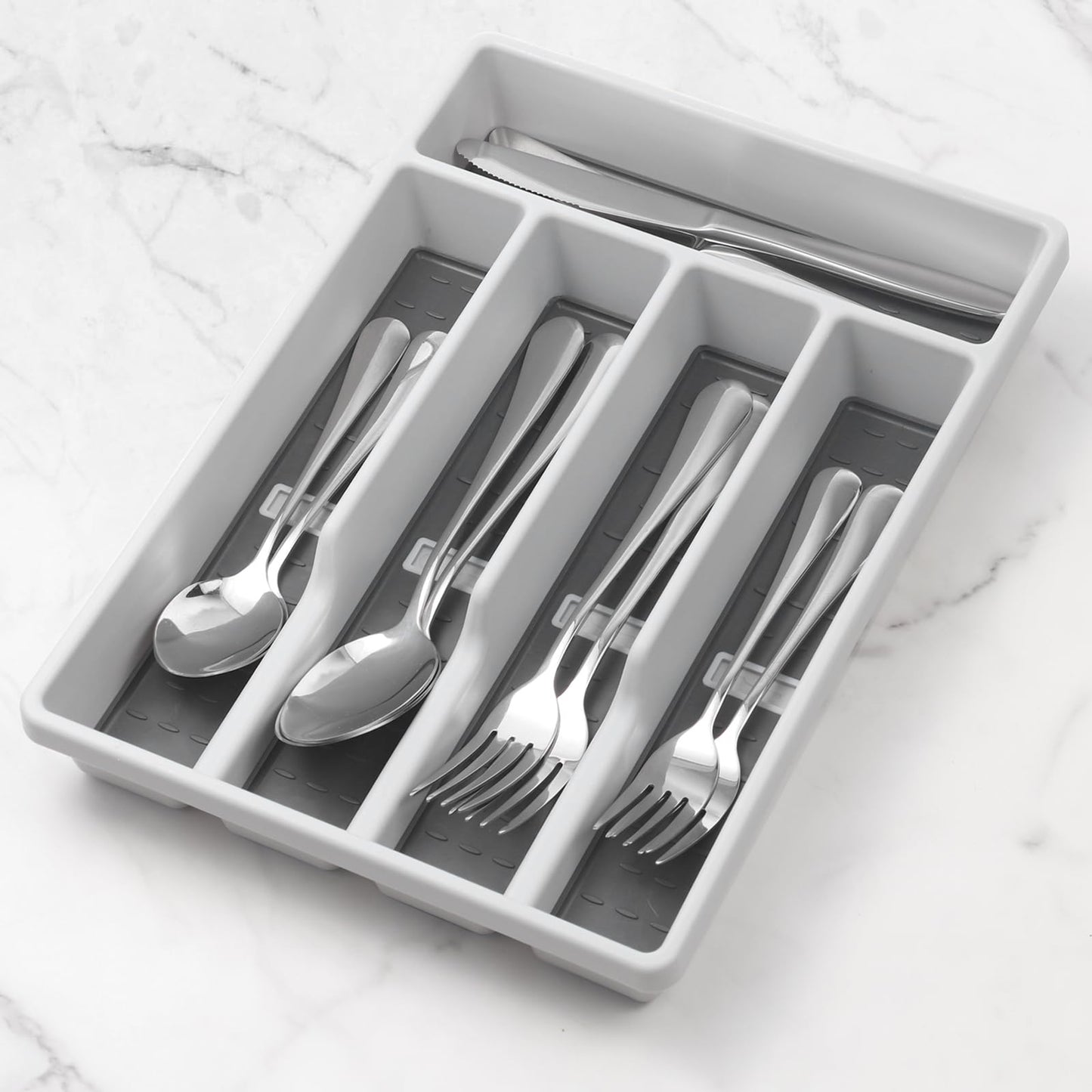 CherHome Silverware Organizer with Cutlery Icons，Silverware Tray for Kitchen Drawer，Plastic Flatware Tableware Silverware Drawer Organizer Utensil Organizer with Non-slip TPR Linings，5-Compartment