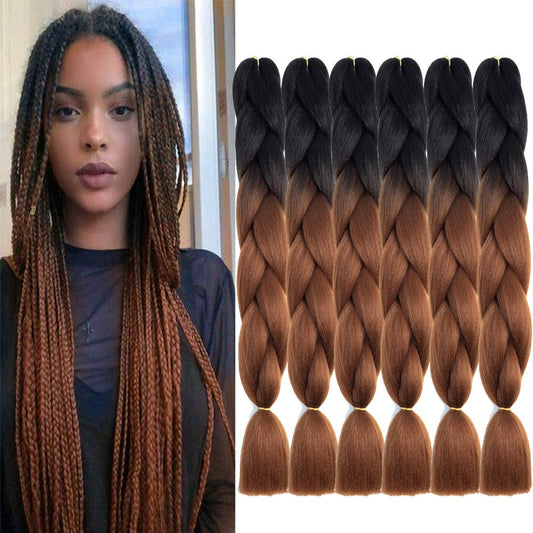 SHUOHAN 6 Packs Ombre Jumbo Braiding Hair Extensions 24 Inch High Temperature Synthetic Fiber Hair Extensions for Box Braids Braiding Hair (Black to Deep Brown)