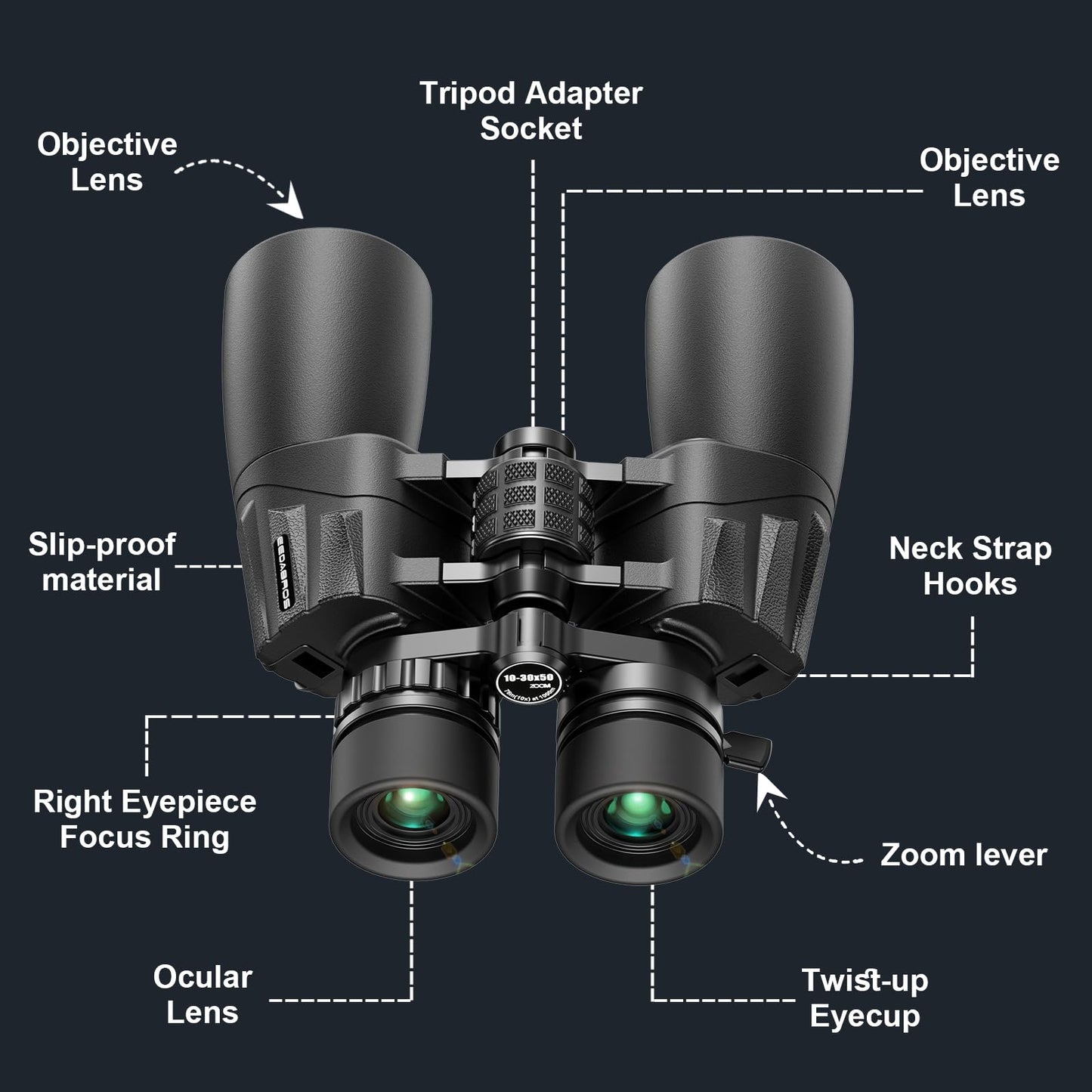 10-30x50 Zoom Binoculars for Adults High Powered,Military Binoculars for Bird Watching Traveling Hunting Concerts with Large View,BAK4,FMC Lens,Clear Low Light Vision at Night