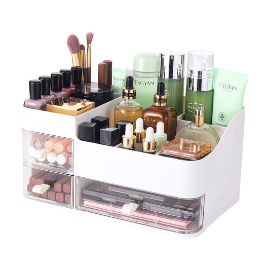 White Makeup Organizer with 3 Drawers -Plastic Skincare and Cosmetic Storage for Vanity Countertop,Dresser Top Organizer for Lotions,Beauty Products,Cologne Perfume-Bathroom Countertop Organization