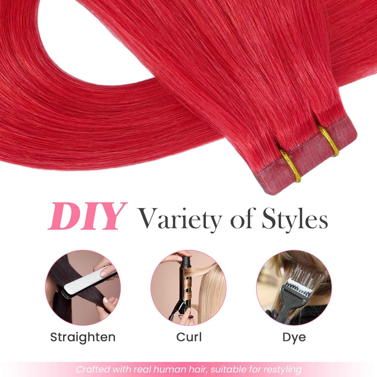 Red Tape in Hair Extensions Human Hair Remy Human Hair Extensions Silky Straight for Women 20 Pcs/Package 18 Inch 40G 100%