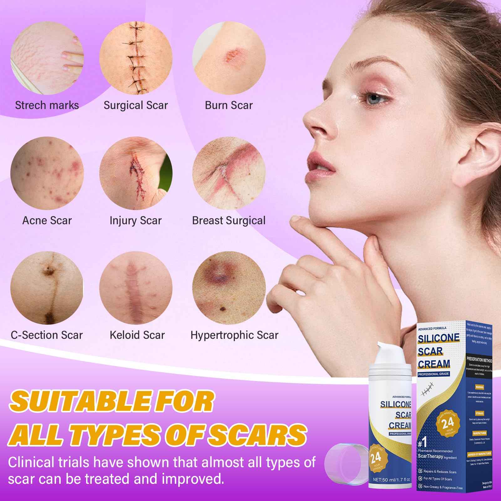 Scar Cream,Silicone Scar Gel,Advanced Scar Gel,Scar Removal Cream For Surgical Scars,Burn,Acne,Stretch Mark,Keloid Bump,C Section Scars 1.7 oz(50g)