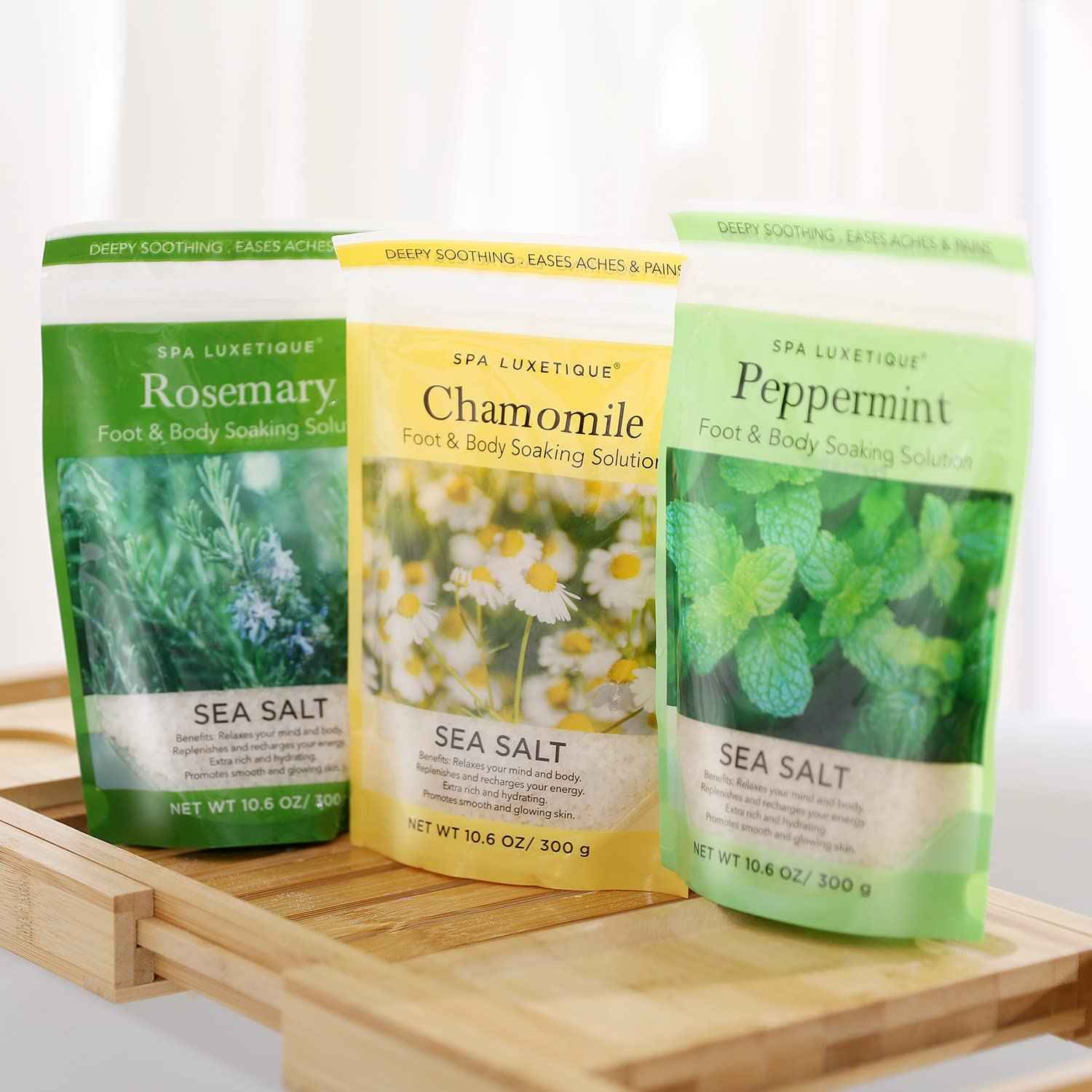 spa luxetique Bath Salts Gift Set 6-Pack, Foot and Body Sea Salts for Soaking, Wooden Scooper, 0.5oz Argan Oil, Bath Salts for Women Relaxing, Mother's Day Gifts for Mom