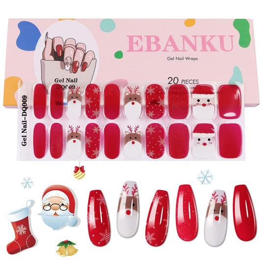 Christmas Gel Nail Polish Strips EBANKU Elk Snowflake Full Nail Wraps Real Nail Polish Stickers for Women Girls Christmas DIY Nail Art Decorations(UV/LED Lamp Required)