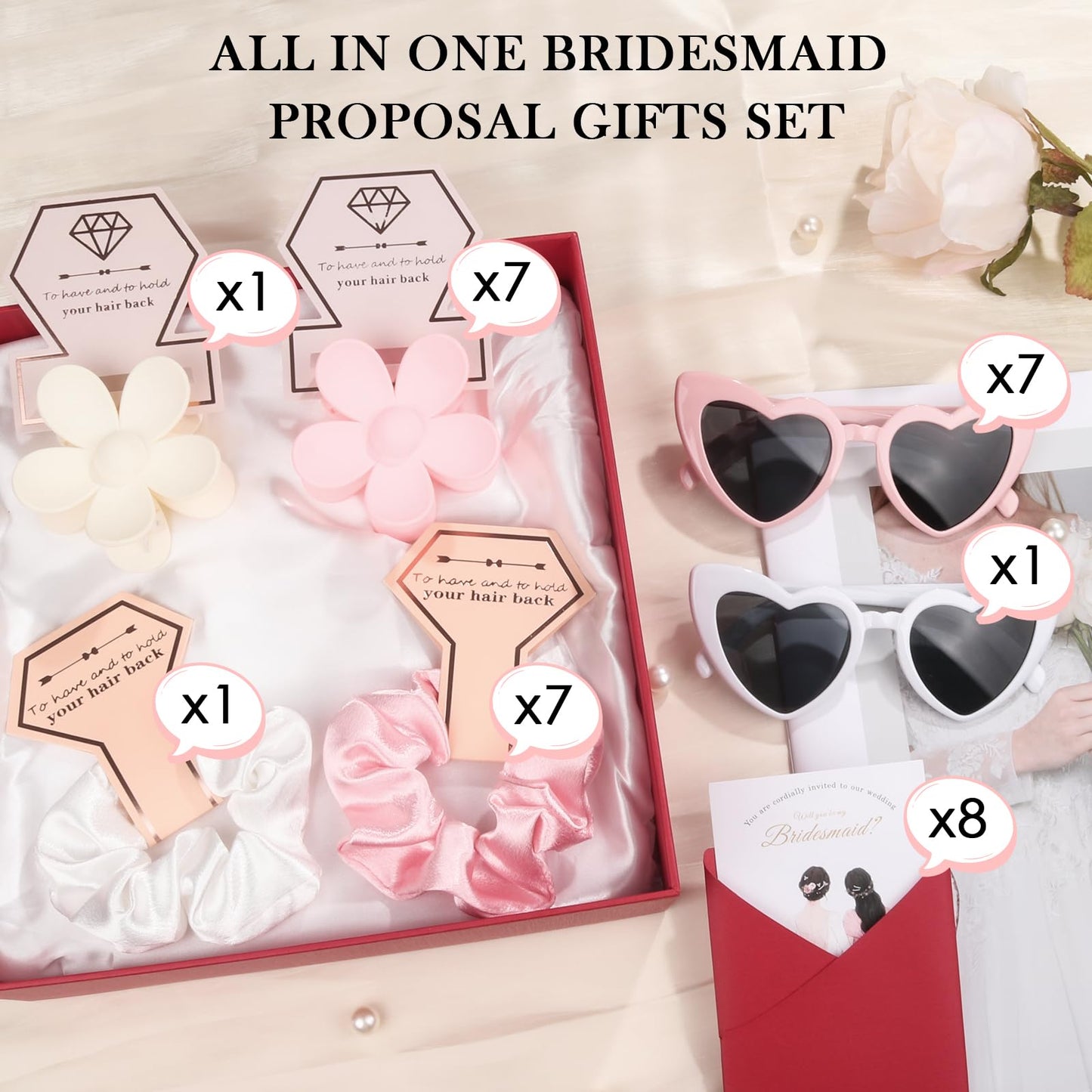 32pcs Bridesmaid Proposal Gifts Bridesmaid Hair Claws Bridesmaid Flower Claw Clips Bridesmaid Satin Silk Hair Scrunchies Bridesmaid Heart Sunglasses Girls Gifts Bachelorette Party Favors(White&Pink)