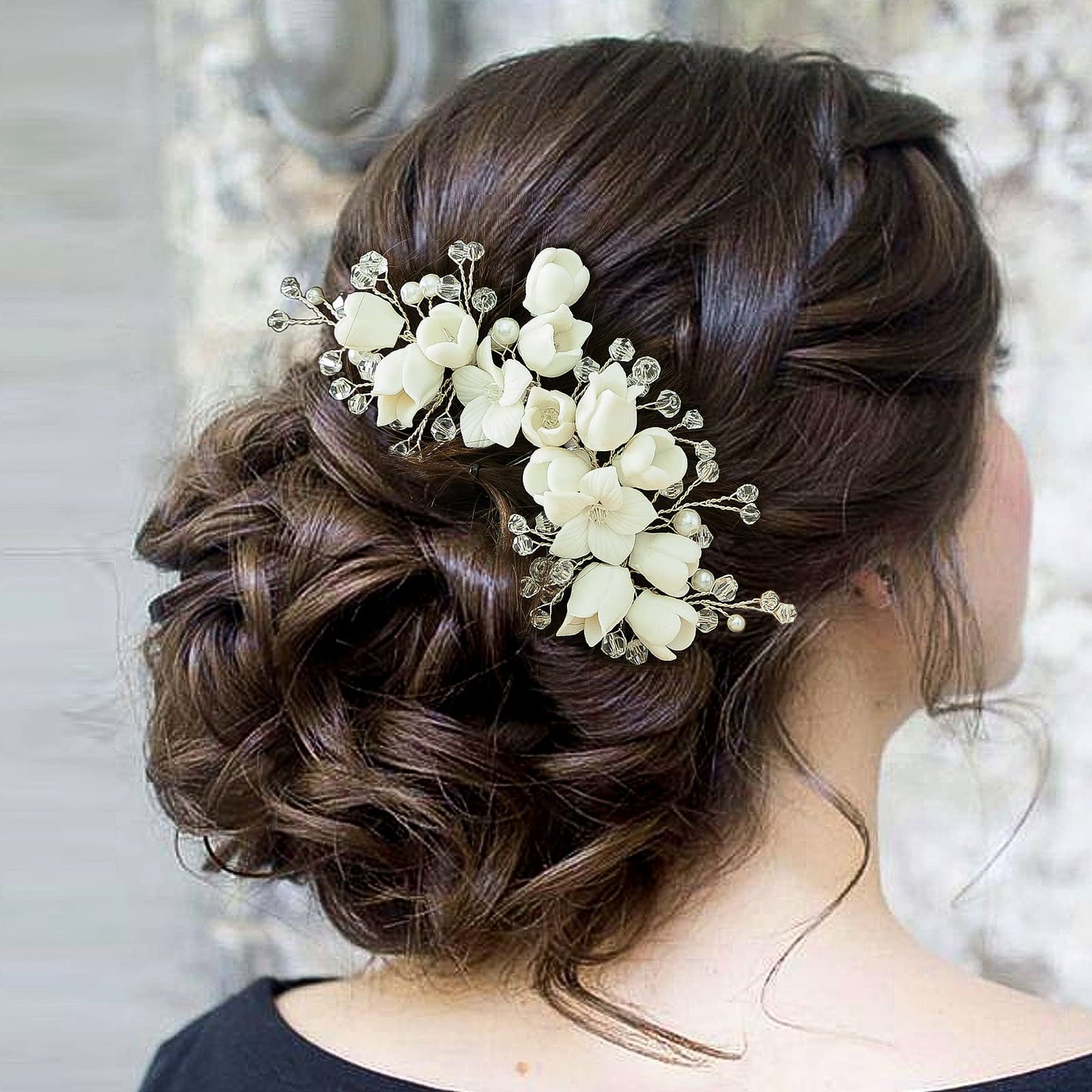 Sooshin Porcelain Flower Bridal Hair Accessory with Pearls, Crystals, and Rhinestones - Hair Comb for Brides, Bridesmaids, and Women