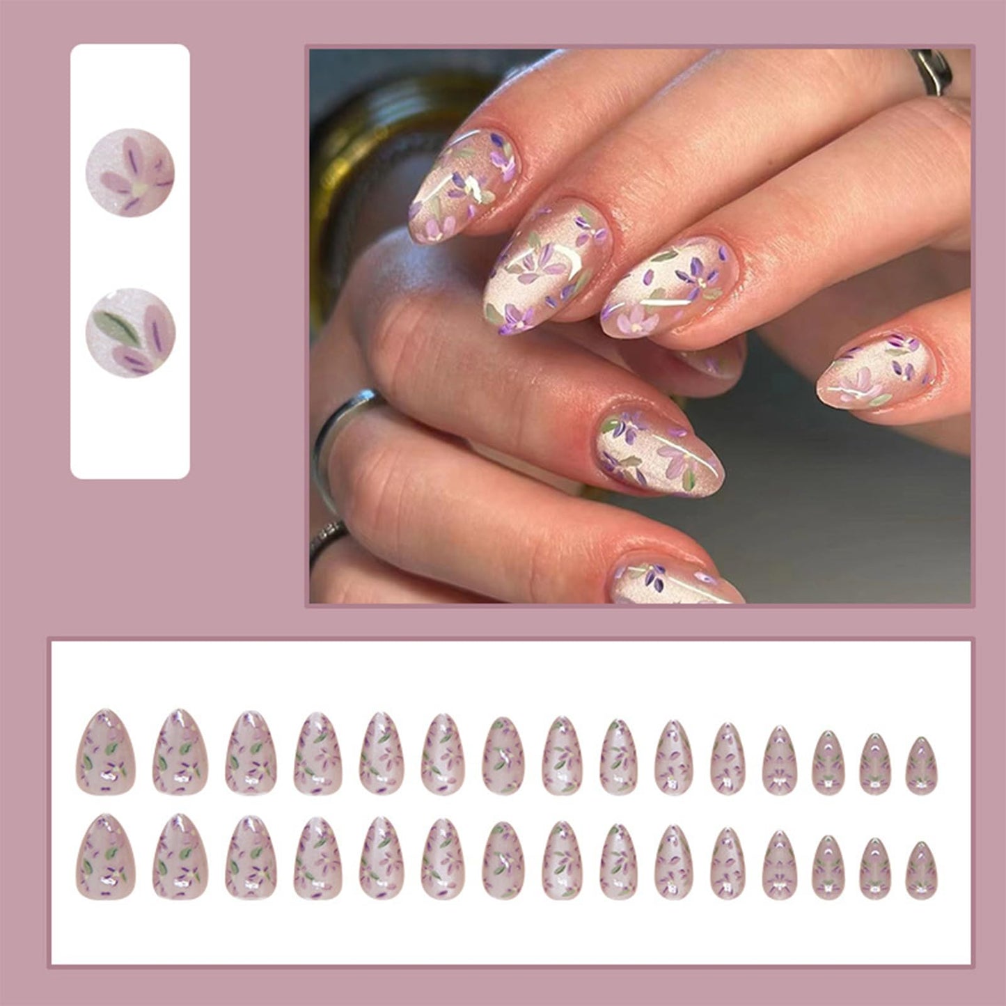 30Pcs Glitter Press on Nails Almond Press on Nails Short Fake Nails Glossy Reusable False Nails with Countryside Flower Design Acrylic Nails Full Cover Stick on Nails for Women Girls