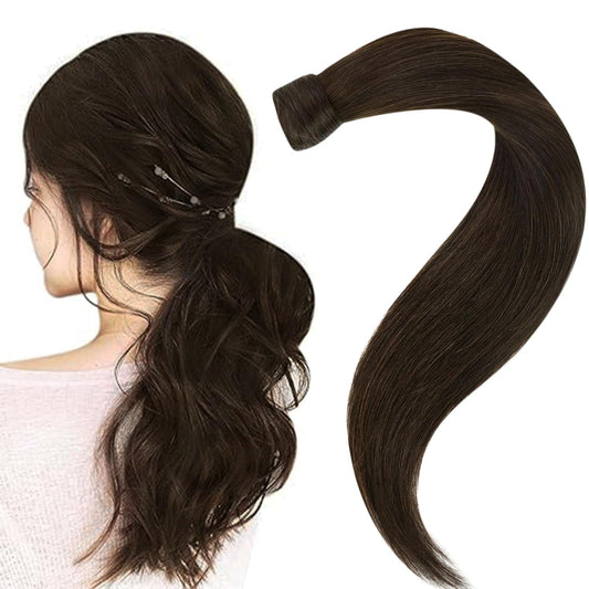 Easyouth Ponytail Extension Human Hair Brown Pony Tails Hair Extension Human Hair Dark Brown Human Hair Ponytail Extension Wrap Around Human Hair Ponytail Natural #2 12Inch 70g